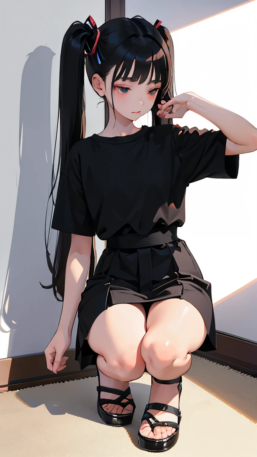 (short cute girl,small young student,young delicate girl),(masterpiece,Top quality),squat,,short sleeve,Long twin tails with black hair,sleepy