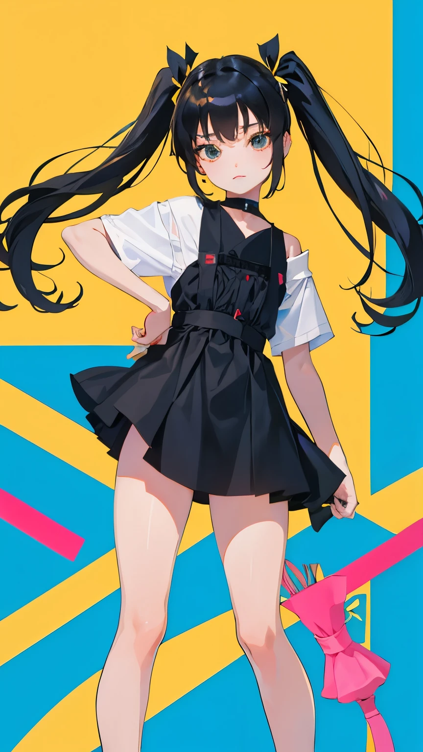 (short cute girl,small young student,young delicate girl),(masterpiece,Top quality),squat,,short sleeve,Long twin tails with black hair,sleepy