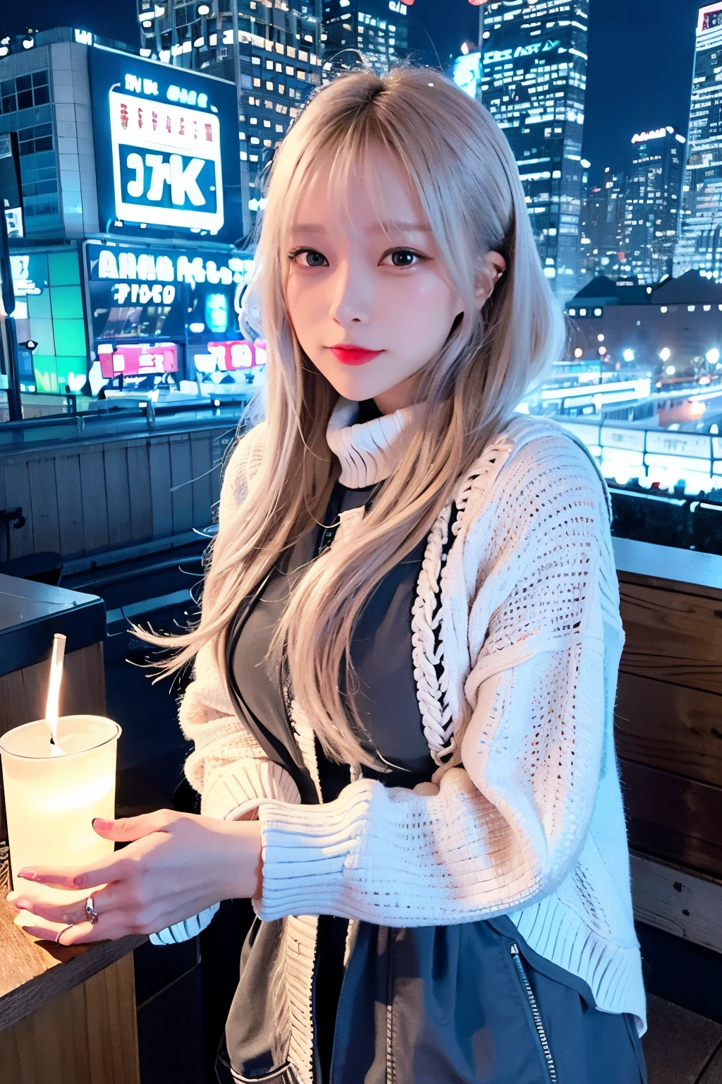 (8K, Raw photo, highest quality, masterpiece: 1.2), (realistic, photorealistic: 1.37), one girl, (K-POPアイドル), (charm: 1), cute, cityscape, night, winter, snow, professional lighting, photon mapping, radio city, Physically based rendering,thin