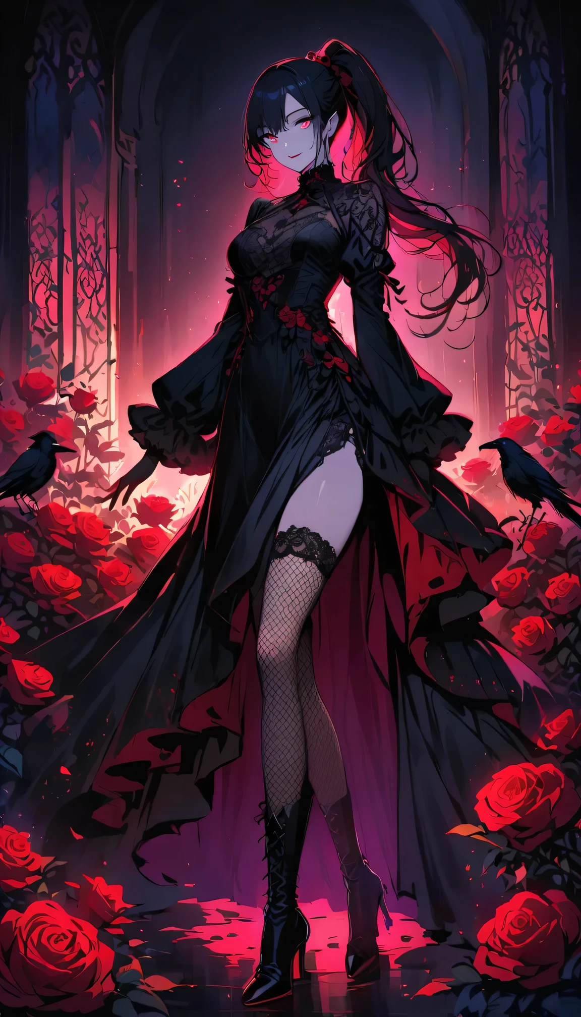 (dark atmosphere,Goethe fashion,bright colors),(best quality,Super exquisite,),Sexy goth elf girl,rose garden at night,beautiful and delicate eyes,Blue tip black straight ponytail,Crow feathers,red lipstick,mysterious smile,Pale complexion,fishnet stockings,black lace dress,Pointed-toe boots,mysterious aura,The moonlight reflects her elegant silhouette,Soft shadows and soft highlights,Contrasting colors create a vibrant atmosphere,Dark and moody color palette,Subtle yet dramatic lighting effects,Sublime darkness intertwined with exquisite moonlight