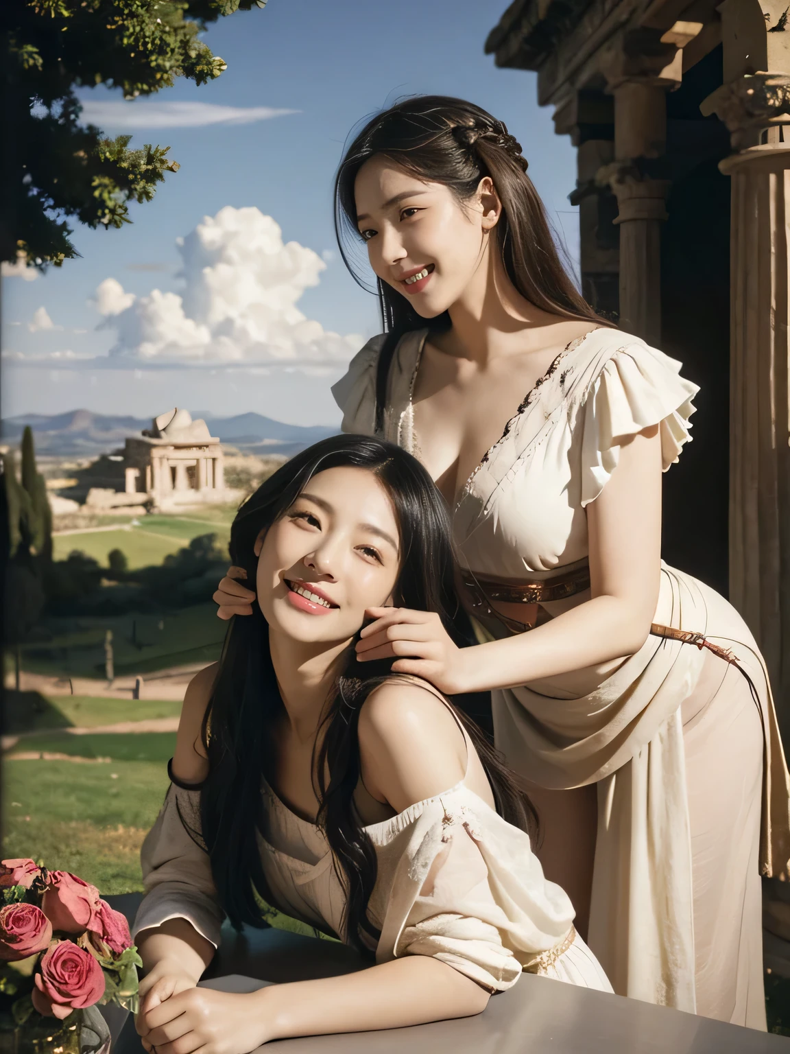 Giorgione painting style,Arguments of two female Philosophe,math、astronomical machine、astronaut、roses in vase、fruits、Cute trinkets、smile、ancient greek costume、Ancient Roman landscape in the style of Nicolas Poussin,laughter,,Sweet and seductive appearance.、Caravaggio's paintings、Chiaroscuro of Caravaggio、hair tousled by the wind,Two women frolicking,cute smile, expression of ecstasy,Sexy,erotic