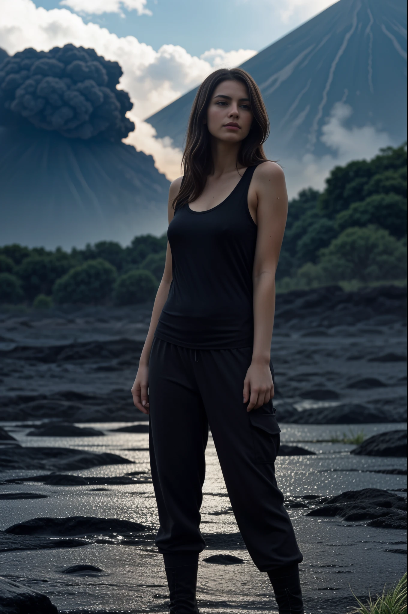 A woman of normal build with wet brown hair and small breasts is very sweaty and wet., gotas de sudor en su cuerpo, vestido con una camiseta ligeramente empapada, pantalones cortos y botas, standing on hot lava against the backdrop of an erupting volcano, cielo oscuro en humo, llamas del suelo, Los zapatos son visibles