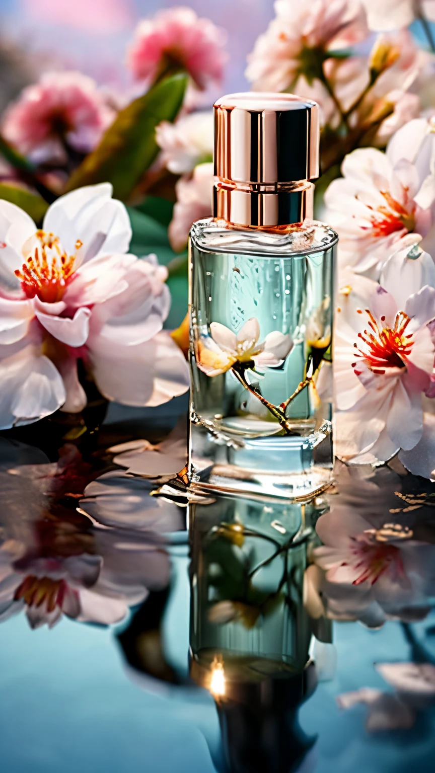 masterpiece, photo realistic, high quality design, Perfume bottle, jewelry, water drop, flowers, cherry blossom, snow, 8k quality, fantasy, beautiful, moon light, 