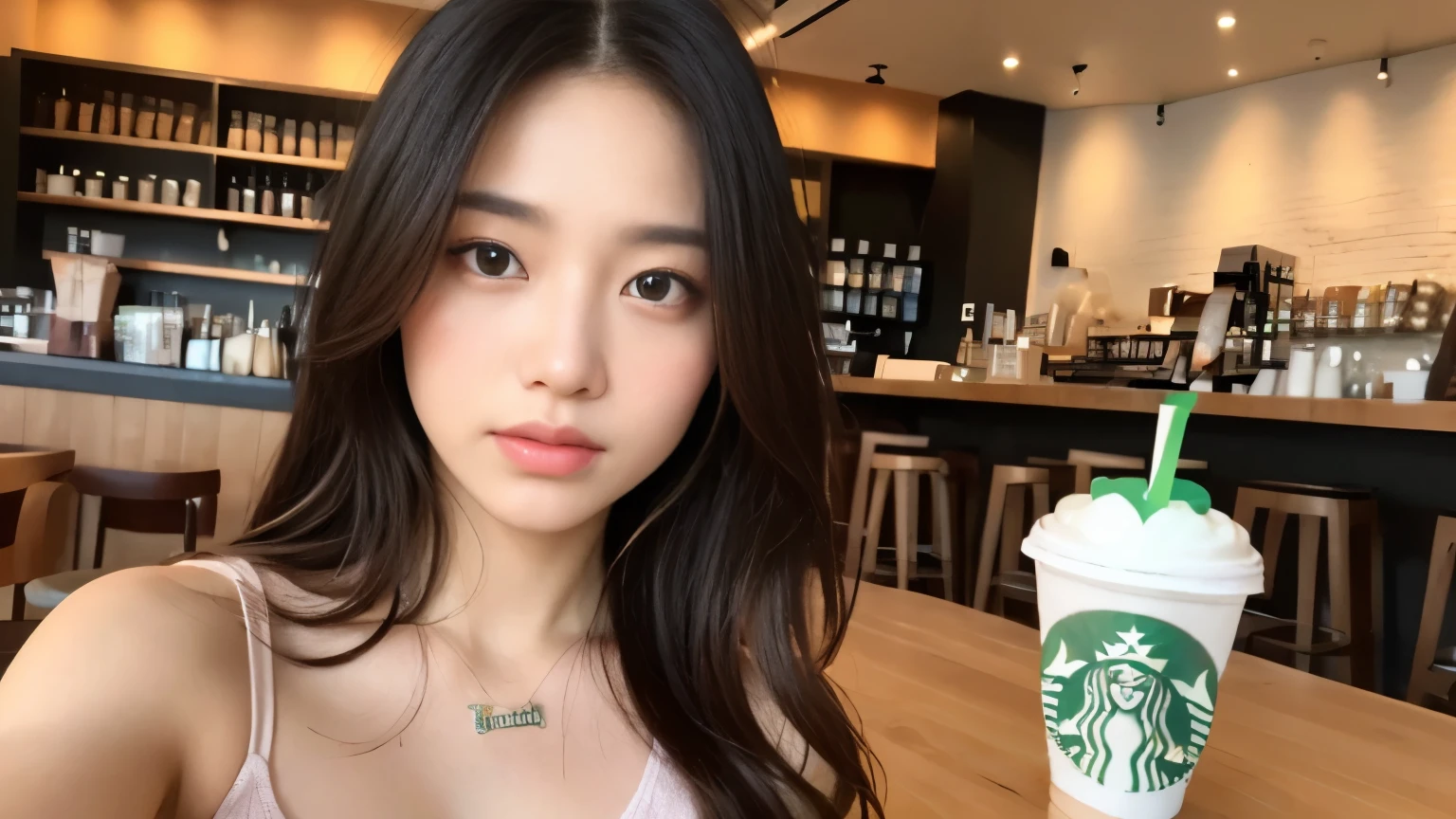 ((highest quality、8K、masterpiece:1.3))、sharp focus:1.2、Beautiful Japanese idol with perfect body:1.4、(Starbucks open cafe:1.2)、Terrace seats、Highly detailed face and skin texture、 detailed eye、double eyelid、sunburned skin、tanned wheat-colored skin,