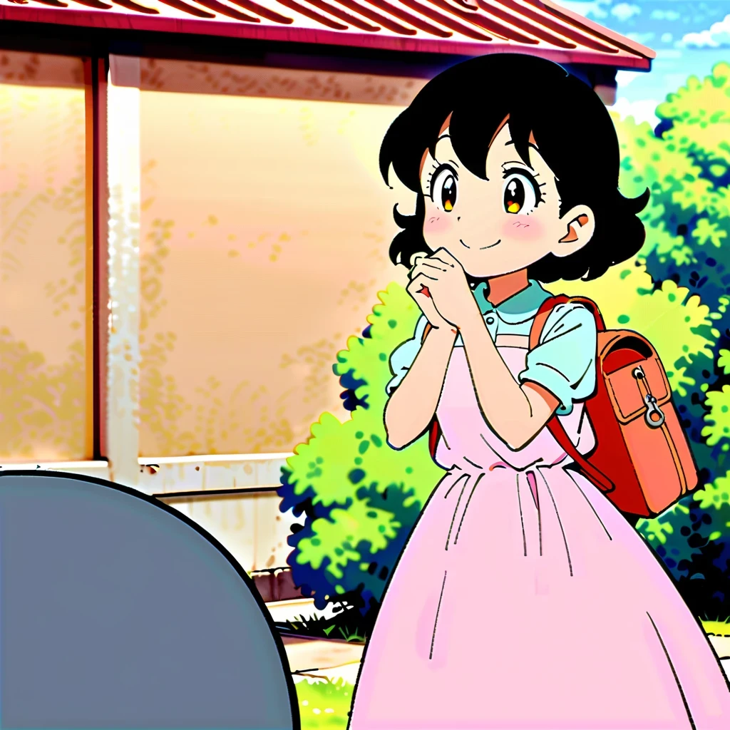 Shizuka Minamoto, Doraemon heroine, and her iconic short black hair, doe&#39;s big eyes, and fair complexion; Wearing a pink dress，Carrying a red backpack; Cover your cheeks with your hands and smile softly, With the nostalgic campus as the background; Shot in retro anime style, Reminiscent of a DVD screen capture from a movie, embrace subtlety, pastel color palette, Exudes a charming and lively atmosphere.