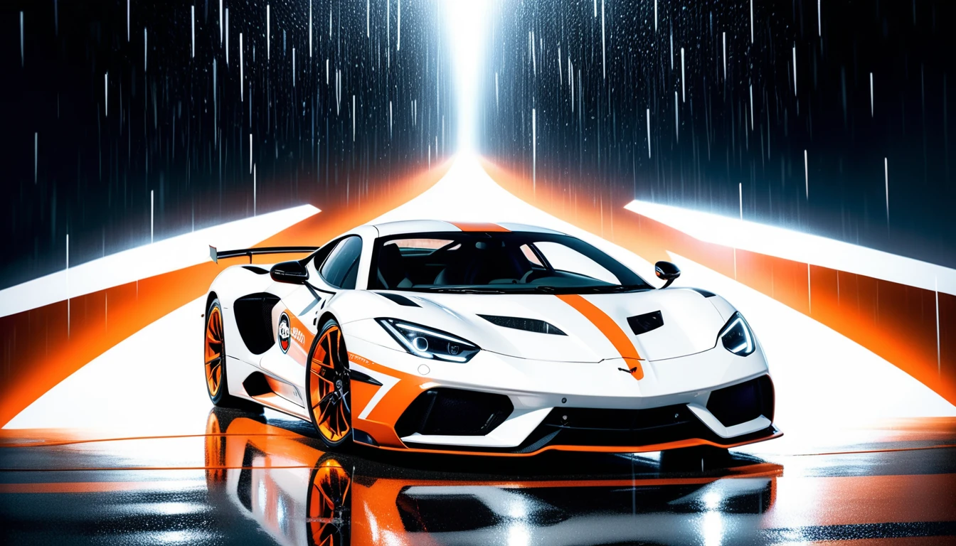 sense of awe and epic racing-car, car paint of black and orange colored, team sticker with a stingray-inspired design is affixed to the car's body, every delicate detail and fine detail, speed-line effect coating, fantastical realism, in the night with heavy rain scene illustration, pale white car-light, stylish like chassis of white sharp, red glowing wheel, full smoke window, elaborate sponsor stickers, cinematic angle and lighting, stunning every detail 32k rendering,