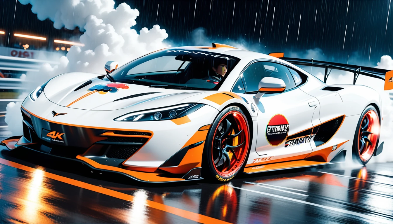 sense of awe and epic racing-car, car paint of black and orange colored, team sticker with a stingray-inspired design is affixed to the car's body, every delicate detail and fine detail, speed-line effect coating, fantastical realism, in the night with heavy rain scene illustration, pale white car-light, stylish like chassis of white sharp, red glowing wheel, full smoke window, elaborate sponsor stickers, cinematic angle and lighting, stunning every detail 32k rendering,