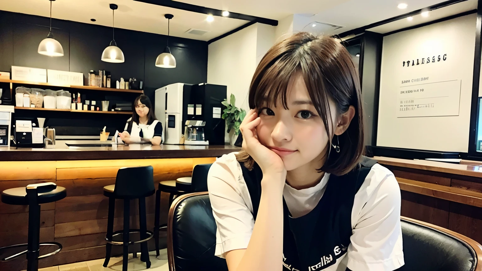 (最high quality、8k、32K、masterpiece:1.2)、A photo of a female college student who looks like a cute model、normal breasts、short bob hair、Upper body、face focus、refreshing white shirt、necklace、look at the audience、background a trendy coffee shop with a unique aesthetic and atmosphere. Incorporate elements like modern furniture, artistic decoration, and ambient lighting to enhance the ambiance. People who enjoy drinks々Consider including, engaging in conversation, or quietly working on laptops. Let your creativity flow、In this chic café setting「stable diffusion」Let the idea come to life, I can see other customers enjoying themselves too...。At the back of the cafe、Staff are busy working at the counter.、Feel the liveliness of a city cafe, sharp focus, 1 girl, sexy 1.2, brown hair, With bangs, fine eyes, Beautiful eyes with slit length, double eyelid, (cat face), (cute Face), cute Smile, (close your mouth), (cute), soft skin, surreal, Super detailed, high quality, (A caring and kind female college student), ((詳細な非常にcute女子大生)), The season is spring