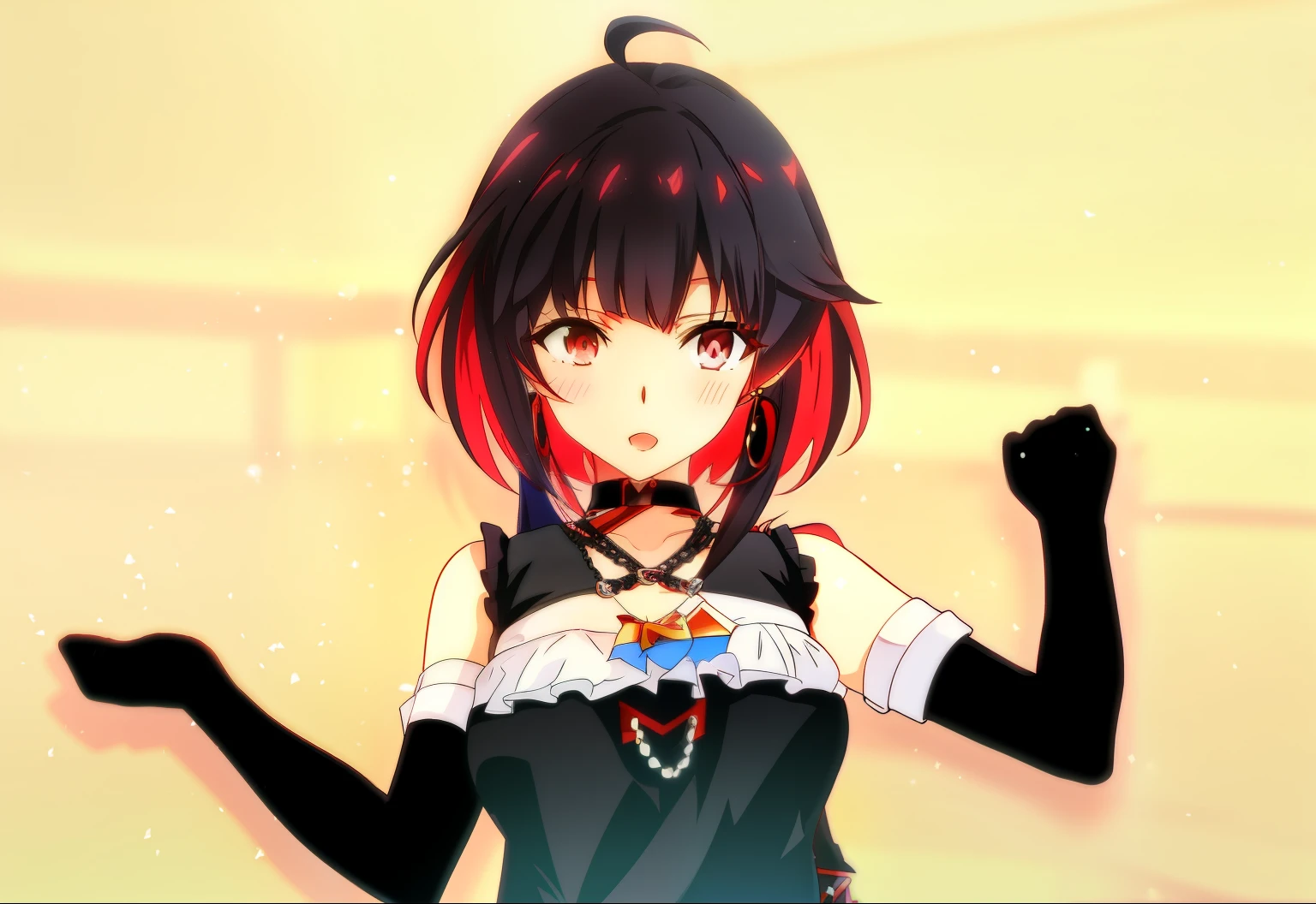 anime girl with red hair and black top holding up her fist, ayaka genshin impact, ayaka game genshin impact, stylized anime, anime styled 3d, ryuko matoi, render of a cute 3d anime girl, anime stylized, from the azur lane videogame, attractive matoi ryuko, anime moe artstyle, noire, waifu