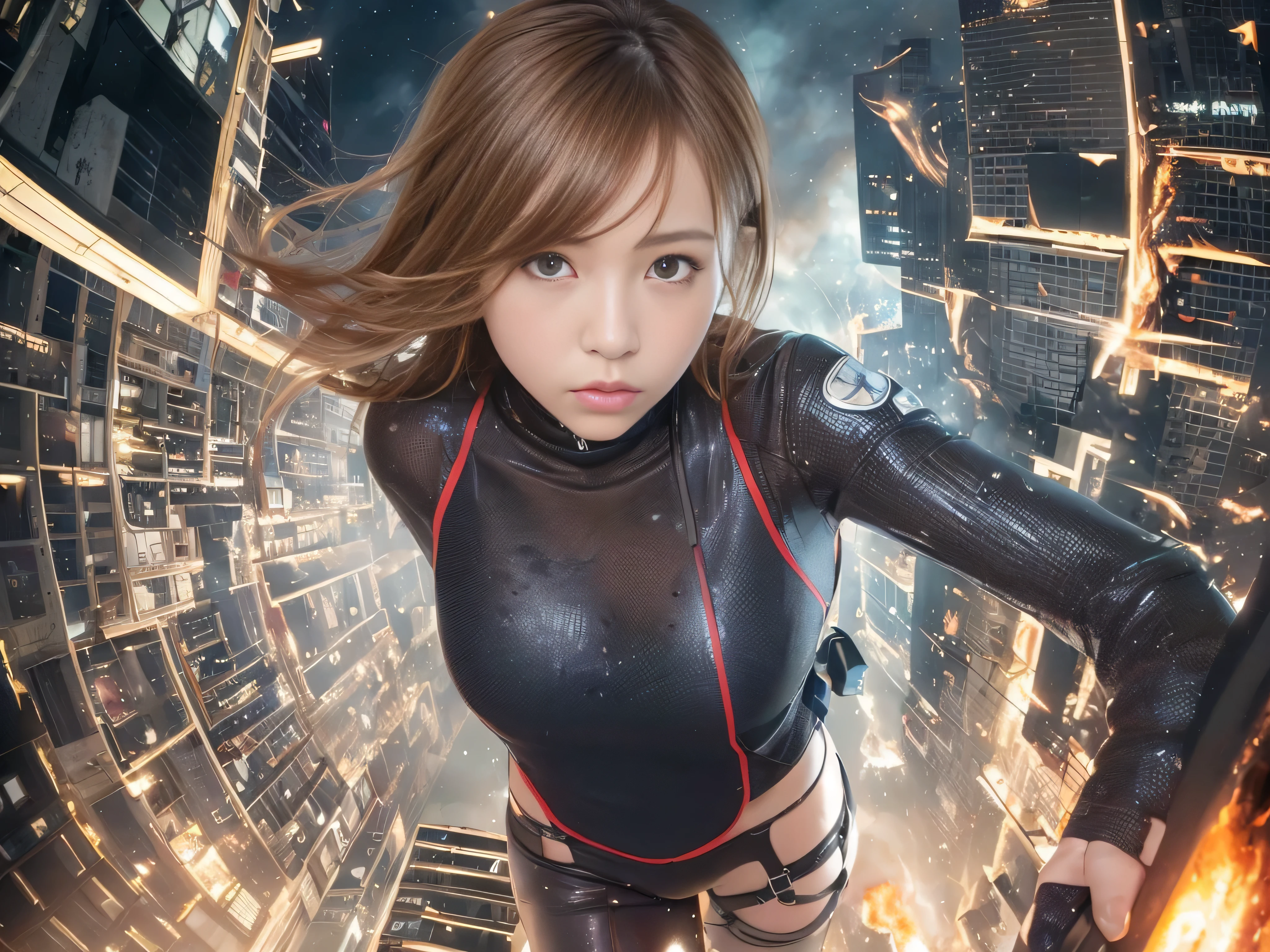 Top image quality, 电影灯光, octan render, ultrasharp, 1 girl in, japanes, embarassed face, glowy skin, Brown hair, Futuristic pilot suit, cleavage of the breast, Exposure of the abdomen, intricate detailes, Runaway, Running at full speed, Breaking through the glass, Flying glass fragments, cyberpunked, Night sky with countless stars twinkling, Shining Milky Way, Heavy rain:1.3, Ruins, Laser beam attack, big explosion:1.3, Pillar of fire:1.2, A city engulfed in flames, floods, wetting hair:1.5, wetted skin:1.5, puddle, Detailed eyes, detailed skin textures, cammel toe, Detailed CG image quality, 8mm fisheye lens, Angle looking up from below:1.2, (Full Body Angle), The whole body is soaking wet, Fast shutter speed,