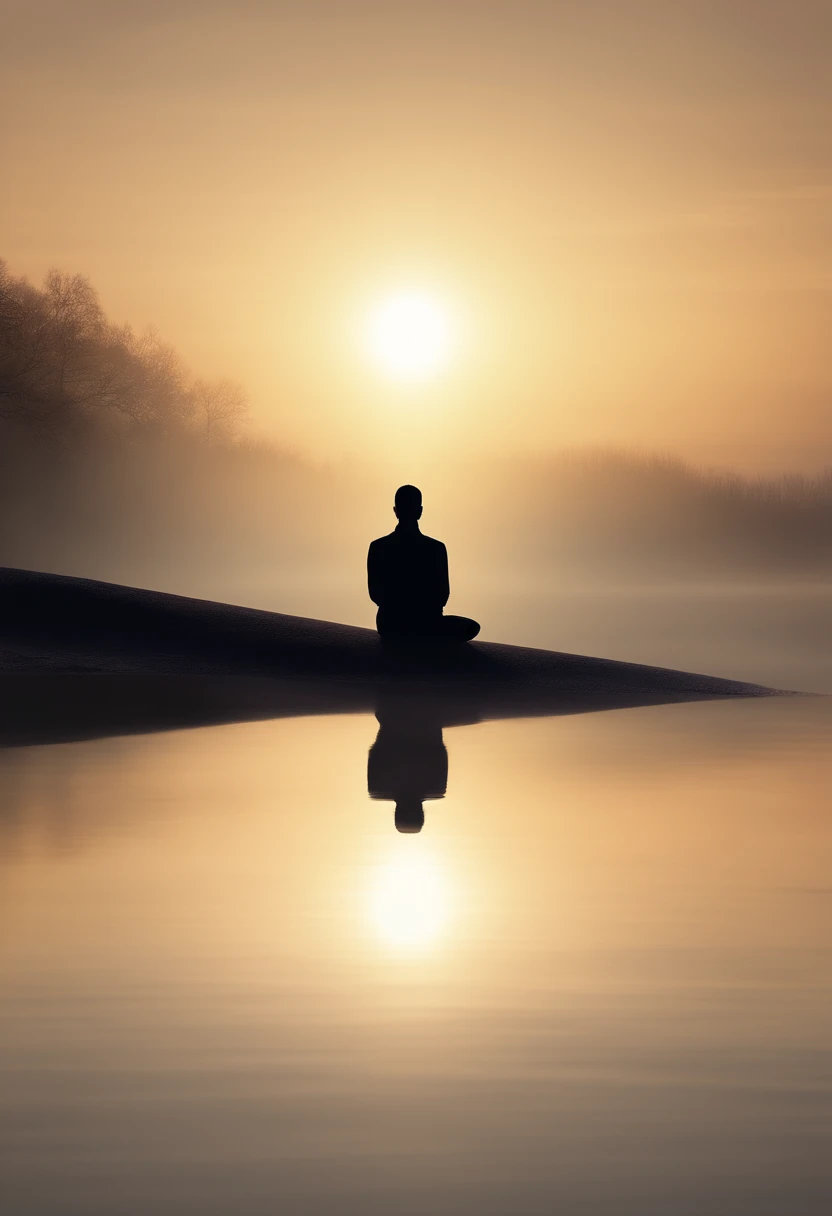 The mysterious atmosphere of light and shadow art. The silhouette of a meditating man's back blends into the vast space. The reflection of the lake behind creates a sense of interconnectedness. Calm and dreamy fog. HD minimalist atmosphere. Ethereal and mysterious Zen style. High details.,super quality,High resolution,Ultra HD Minimalist Cinematic Lighting Effects Highly Detailed Digital Art,fantasy art behavior,surreal