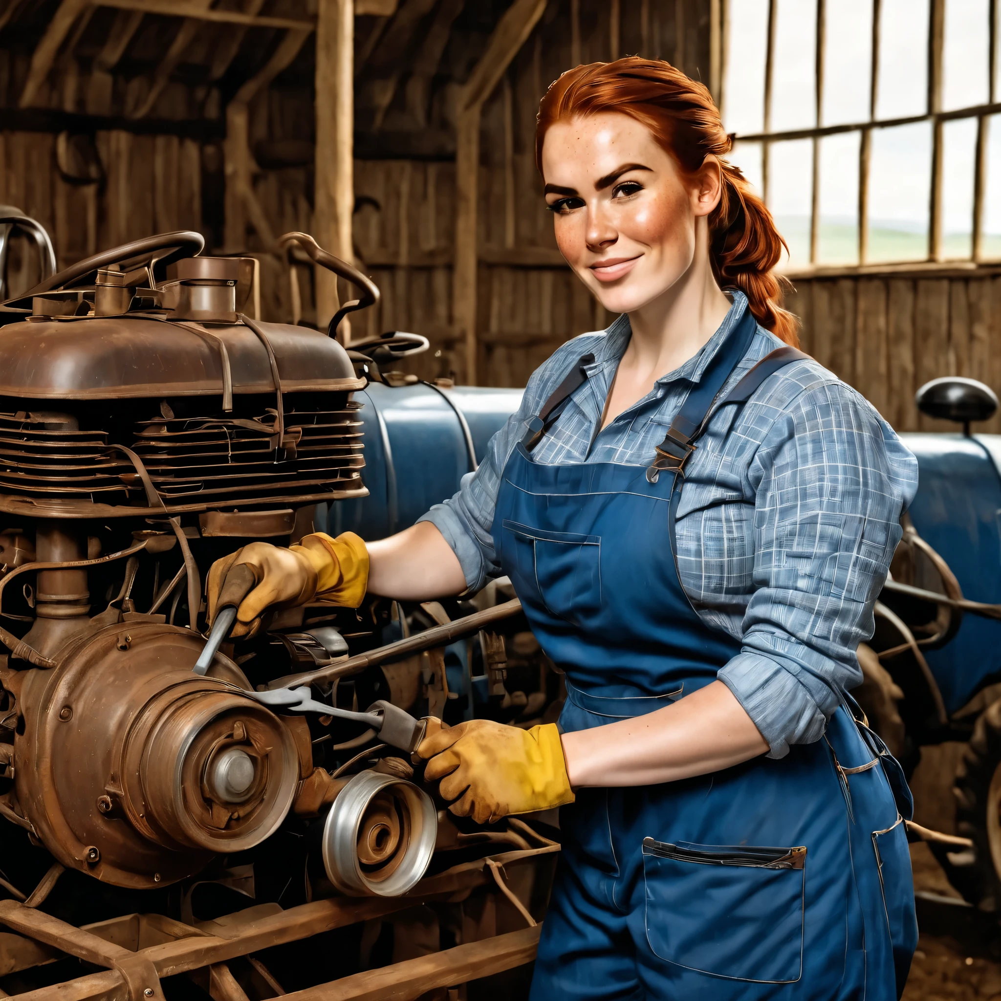 (photorealistic) a beautiful 35-year old scottish woman is posing next to an old red pick-up truck. She leans against the fender, her arms crossed. She is wearing a brown flanel shirt and a pair of dirty jeans, working gloves. The car is driving across the American prairie. She has brownish-red hair, hair in a ponytail. smirk on her face. pale skin and (freckles). (black eyebrows), (strong eyebrows), (high cheekbones), (brown eyes), (downturned eyes), (voluptuous), (huge breasts), motherly, plump
