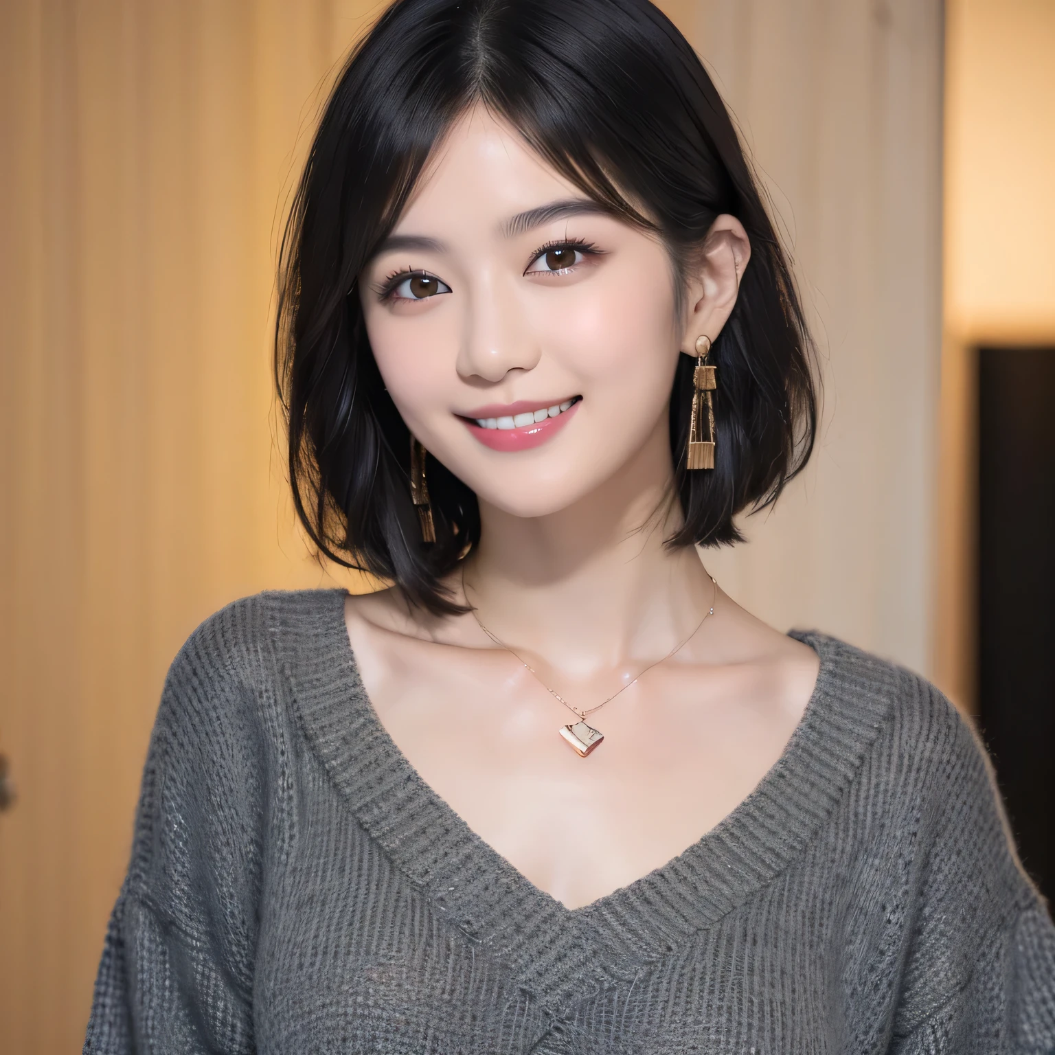 168 Short hair, 20 year old female, 優しいsmile, Work clothes、black hair、dark eyeliner、ear piercing、necklace around neck、smile、beautiful teeth