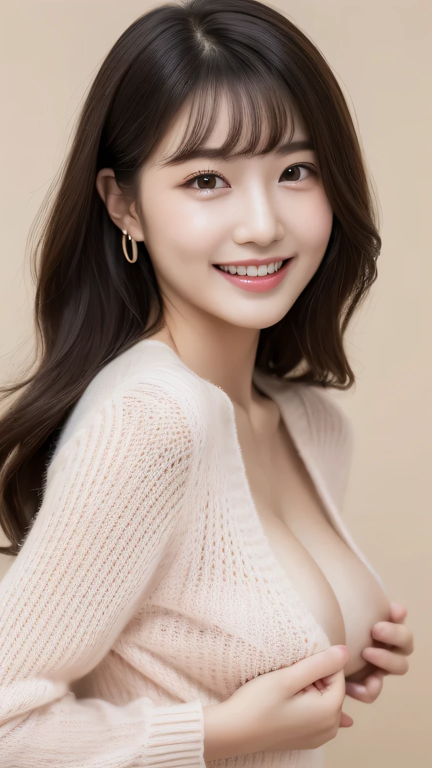 (8K, Raw photo, highest quality, masterpiece:1.5), Super detailed, ultra high resolution, 8k wallpaper, huge file size, (realistic, realistic Photo:1.37), Beautiful girl very knowledgeable, highly detailed face, very fine eyes, very fine skin, very fine fingers, very small nose, Highly detailed detailed mouth, highly detailed background, very detailed costume, perfect anatomy, Anatomically perfect hands, (whole body from thighs:1.5), (1 person), 25歳の日本のbeautiful actress, (young face), (perfect body:1.1), pure  face, slender body, slender body shape, The beauty of slim abs, Fair skin, glowing skin, Fair skin, long and thin legs, light brown delicate soft hair, feminine adult wavy hair, layer cut, (dull bangs:1.2), natural smile, beautiful teeth, beautiful small face, realistic face, beautiful actress&#39;natural makeup, eyes with long eyelashes, charming brown eyes, Plump and glossy pink lips, My cheeks turned red, necklace, earrings, beautiful and detailed eyes, very fine skin, well-shaped small breast little pink areolas, plum((See-through k sweater made of thin fabric, Completely naked, I can see your ns)), white sand beach,ll walk with my heart held high, cover your butt with your hands)), Campaign GiExcited expression with mouth half open, look at the viewer, dynamic lighting
