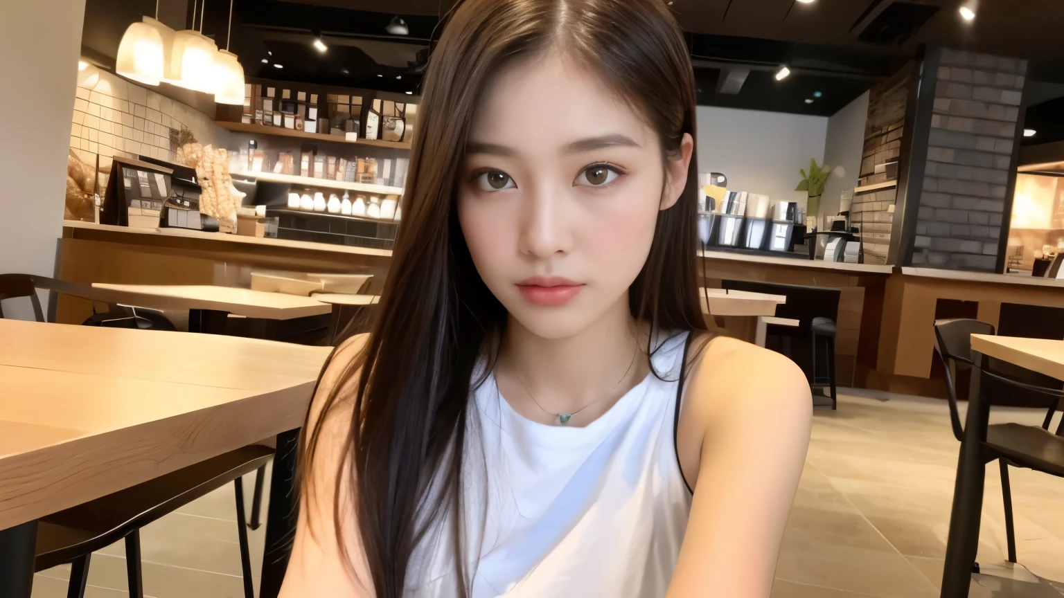 ((highest quality、8K、masterpiece:1.3))、sharp focus:1.2、Beautiful Japanese idol with perfect body:1.4、(Starbucks open cafe:1.2)、Terrace seats、Highly detailed face and skin texture、 detailed eye、double eyelid、sunburned skin、tanned wheat-colored skin,