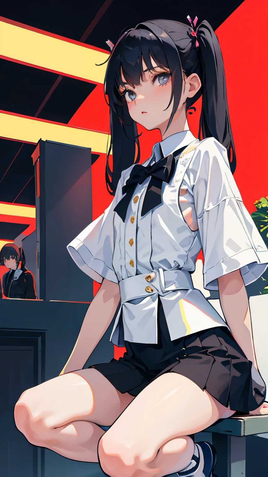 (short cute girl,small young student,young delicate girl),(masterpiece,Top quality),squat,,short sleeve,Long twin tails with black hair,sleepy