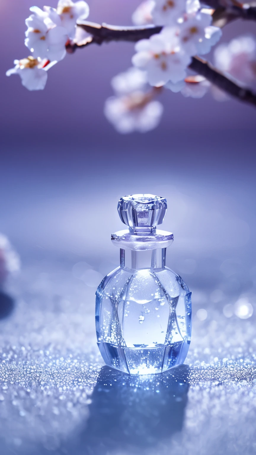 masterpiece, photo realistic, high quality design, Perfume bottle, jewelry, water drop, flowers, cherry blossom, snow, 8k quality, fantasy, beautiful, moon light, 