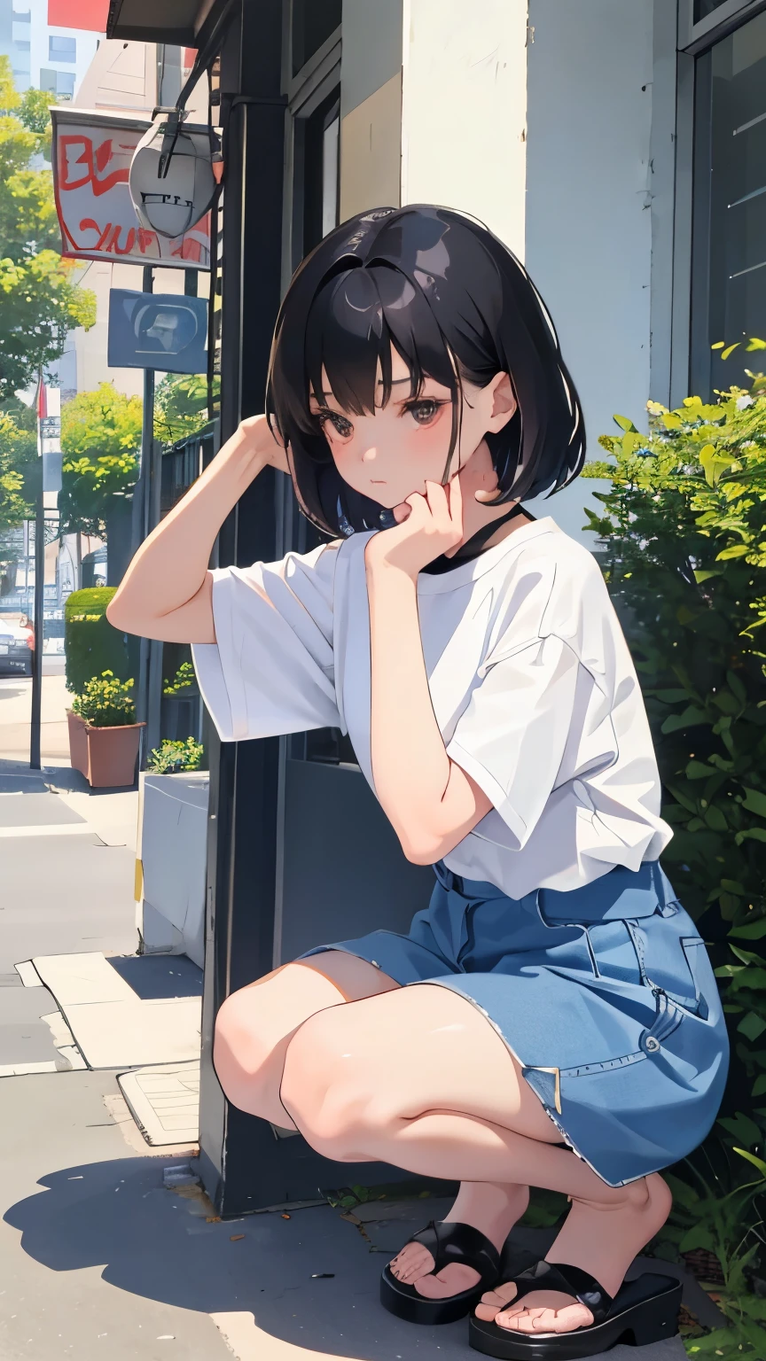 (short cute girl, young studeg delicate girl),(masterpiece,Top quality),squat,,short sleeve,black hair,sleepy