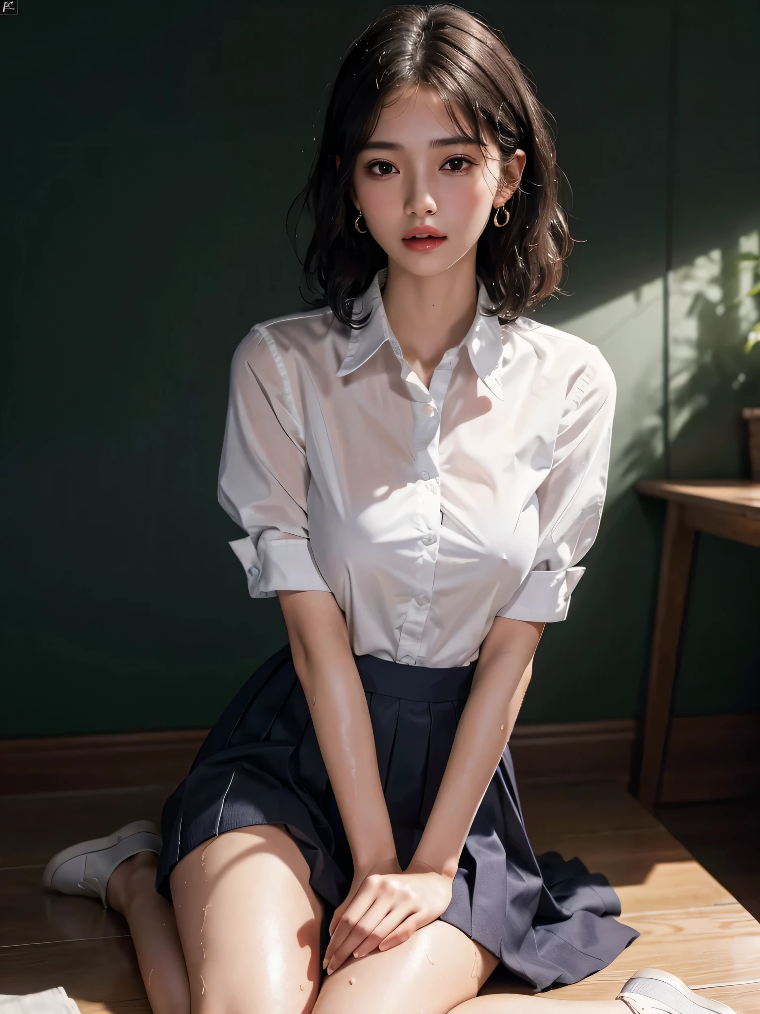 disorganized, Raw photo, very delicate and beautiful, masterpiece, highest quality, ultra high resolution, 32k, surreal, Super detailed, perfect anatomy, perfect figure, super dense skin, Highly detailed CG 8k wallpaper, 20's, Very slim body, tight waist, very small head, very small face, delicate features, tearful mole, very big earrings, thin legs, (very huge round breasts:1.2), (full body shot:1.1), (1 girl:1.2), short hair, (wavy hair:1.2), (wet clothes:1.1), (school uniform:1.2), (collared shirt:1.1),