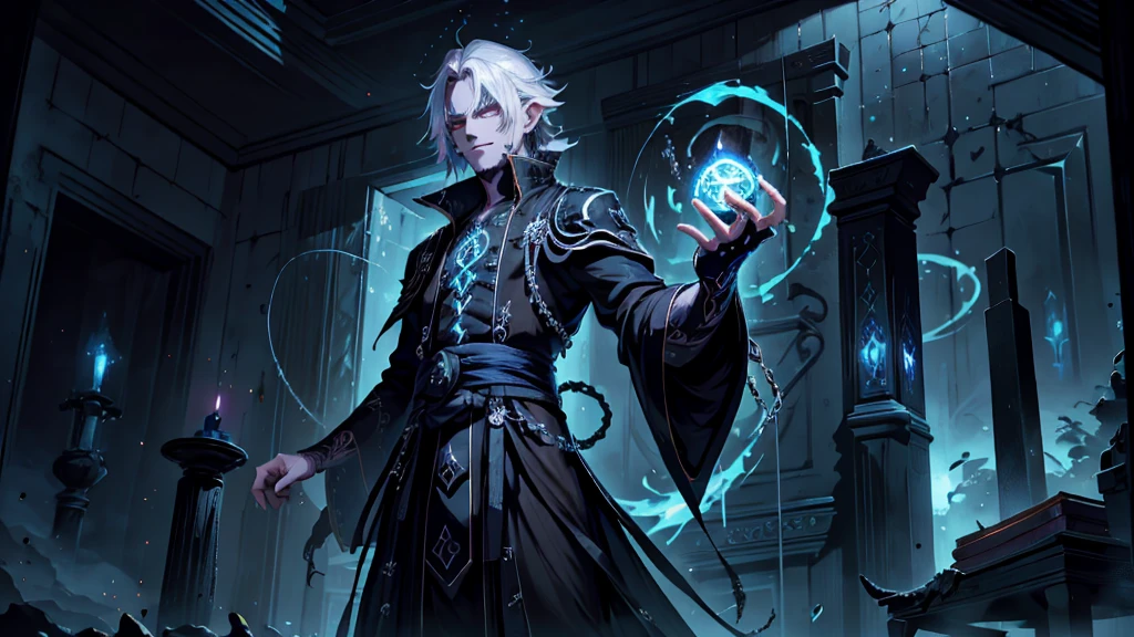 Imagine an evil god with gray hair and piercing blue eyes, (((dark aura emanating from his being))), magical black arms floating ominously above his shoulders, clad in a black t-shirt adorned with white X-shaped buttons, He stands confidently with a wicked grin spreading across his face, reveling in his malevolent intentions, meticulously drawn with the intricate details and exquisite artistry that define a masterpiece of Manga illustration. The illustration boasts a high resolution, a luxurious and detail-rich representation of every curve and contour, capturing the essence of the sinister deity's menacing presence. The evil god's eyes gle
