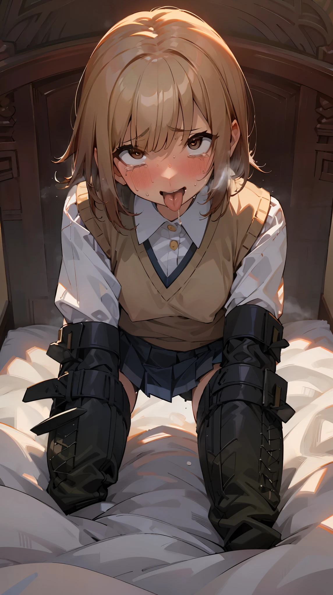  masterpiece,best quality, superior_Mikoto,alone, brown eyes, short_hair, small_chest, Student uniforms, tokiwadai_School_uniform, white shirt, sweater vest, gray mini skirt, , white loose socks, Sweat,simple bed、simple bedroom、Ahegao、激しいAhegao、stick out tongue、your face when you climax、発情してSweatをかく、blush、runny nose and tears、human dog suit、restraints、crawl on all fours