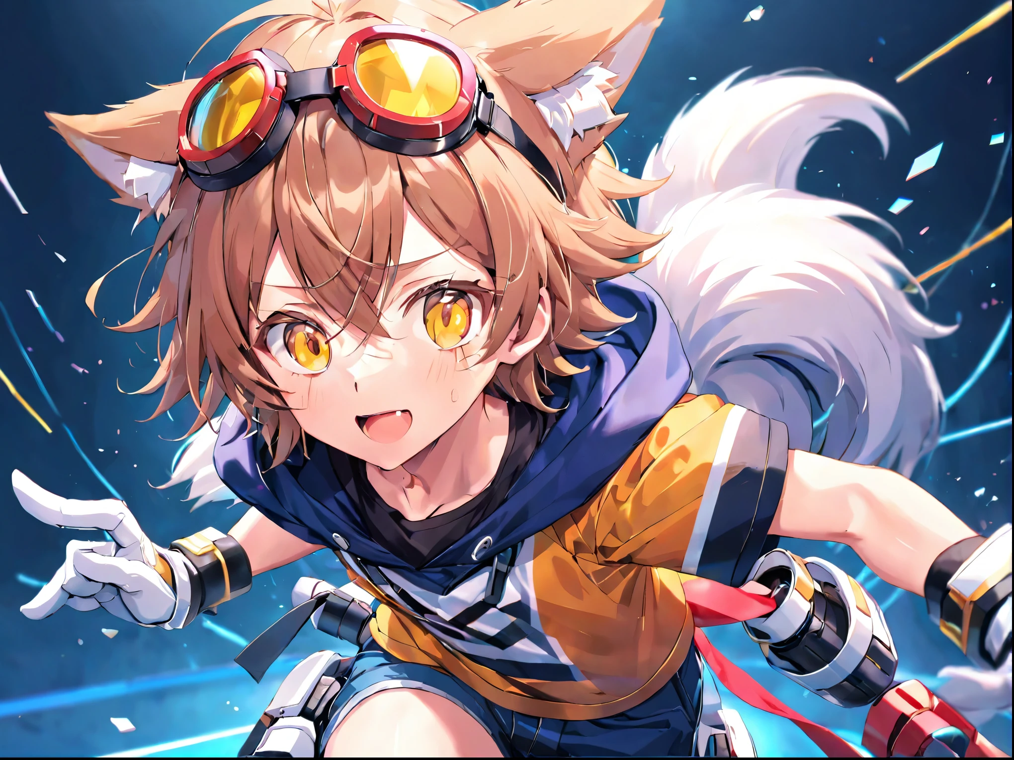 Game CG，4K quality，(( boy))，Youthful feeling，anime hero，wolf ears，wolf tail，excited，(goggles)，Trendy hooded T-shirt，short glove，Martin boots，full body portrait，run，(Remove bot)，(single role)