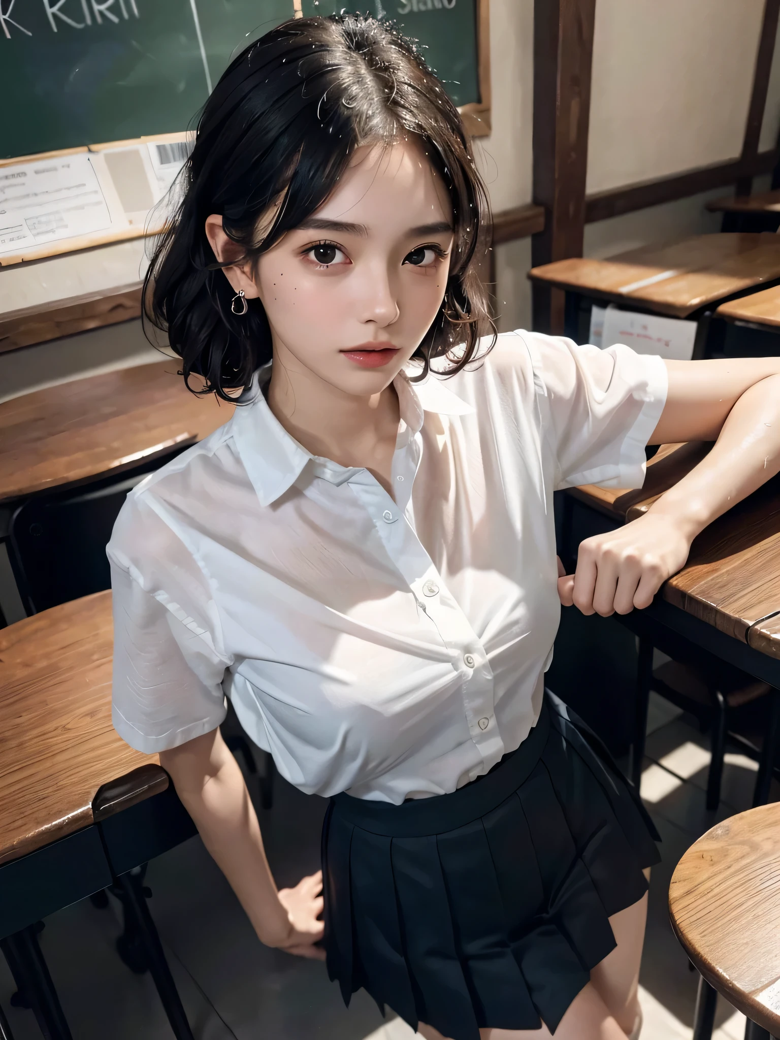disorganized, Raw photo, very delicate and beautiful, masterpiece, highest quality, ultra high resolution, 32k, surreal, Super detailed, perfect anatomy, perfect figure, super dense skin, Highly detailed CG 8k wallpaper, 20's, Very slim body, tight waist, very small head, very small face, delicate features, tearful mole, very big earrings, thin legs, (very huge round breasts:1.2), (full body shot:1.1), (1 girl:1.2), short hair, up hair, (wavy hair:1.2), (wet clothes:1.1), (school uniform:1.2), (collared shirt:1.1),