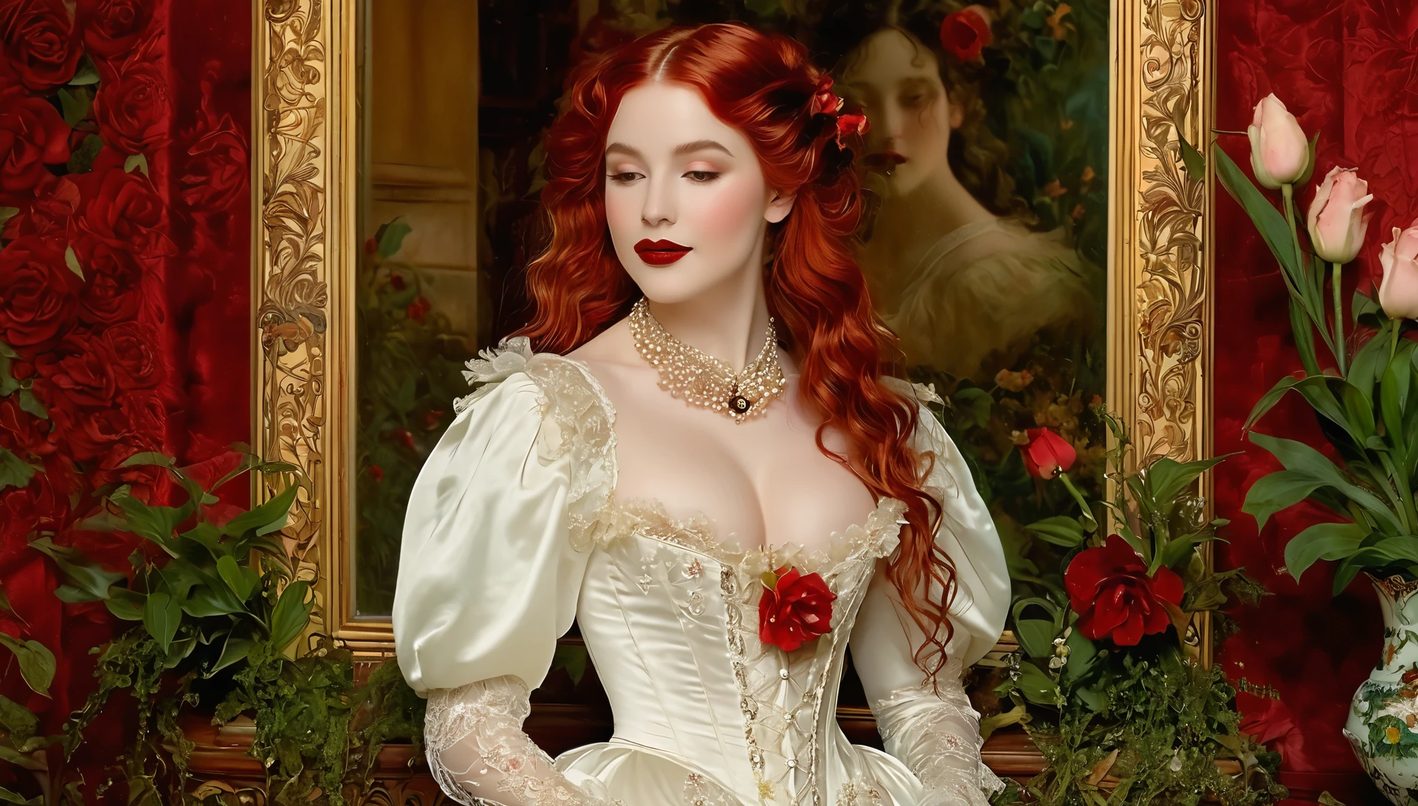 A seductive temptress with porcelain skin and blood-red lips, framed by the opulent trappings of a Victorian parlor. Inspired by Pre-Raphaelite art, her form is ethereal and romantic, with flowing locks and delicate features that evoke the beauty of a bygone era. realistic skin texture, smiling, large breast, standing in a flower garden behind n Victorian Palace, (full body:1.5)
