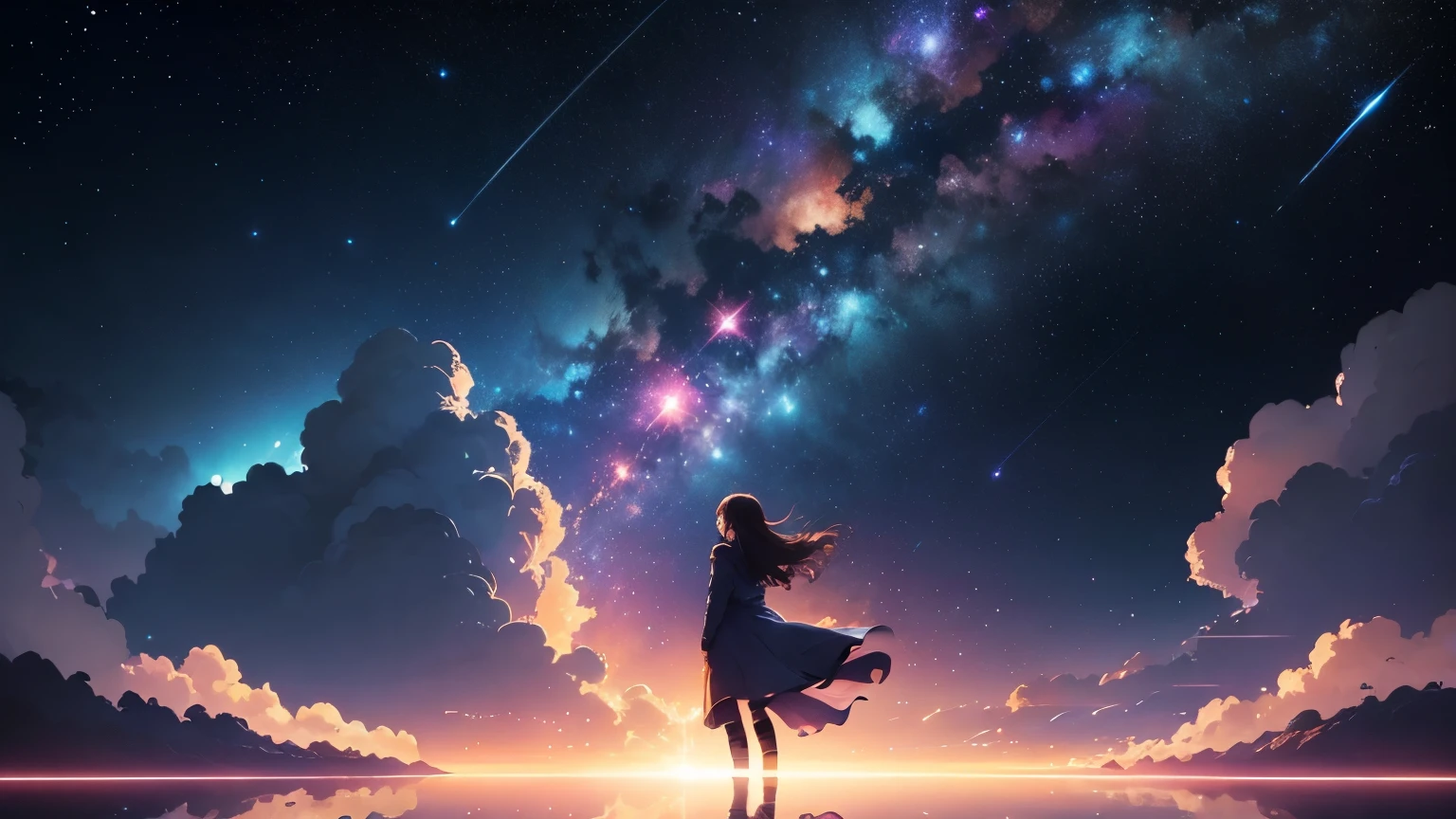 (((you 1 girl)))Starry sky with a girl looking at the stars, girl looks at the space, anime girl with cosmic hair, cosmos sem fim no fundo, girl in space, beautiful girl on the horizon, Makoto Shinkai Cyril Rolando, looking out into the cosmos, Anime art wallpaper 4k, Anime art wallpaper 4 K, Anime art wallpaper 8 K, on a galaxy looking background、and soul、By Shinkai Makoto、Vision、landscape、vanishing point、outrageous solution、High resolution、super detailed、The upper half represents the universe、fantasy、magic、big、prisma、beautiful lighting、bright lighting、soft lighting、Lots of sparkling magic lights、rainbow light、(spark:0.7)、A masterpiece of high quality, landscape,bright starry sky,pixiv, concept art, Lofiato style, reflection. by Makoto Shinkai, Lofiato, beautiful anime scene, Anime landscape, Detailed landscape - width 672, (((in Makoto Shinkai's style))), Enhanced details、Anime wallpaper of a girl looking at the sky and starry view,