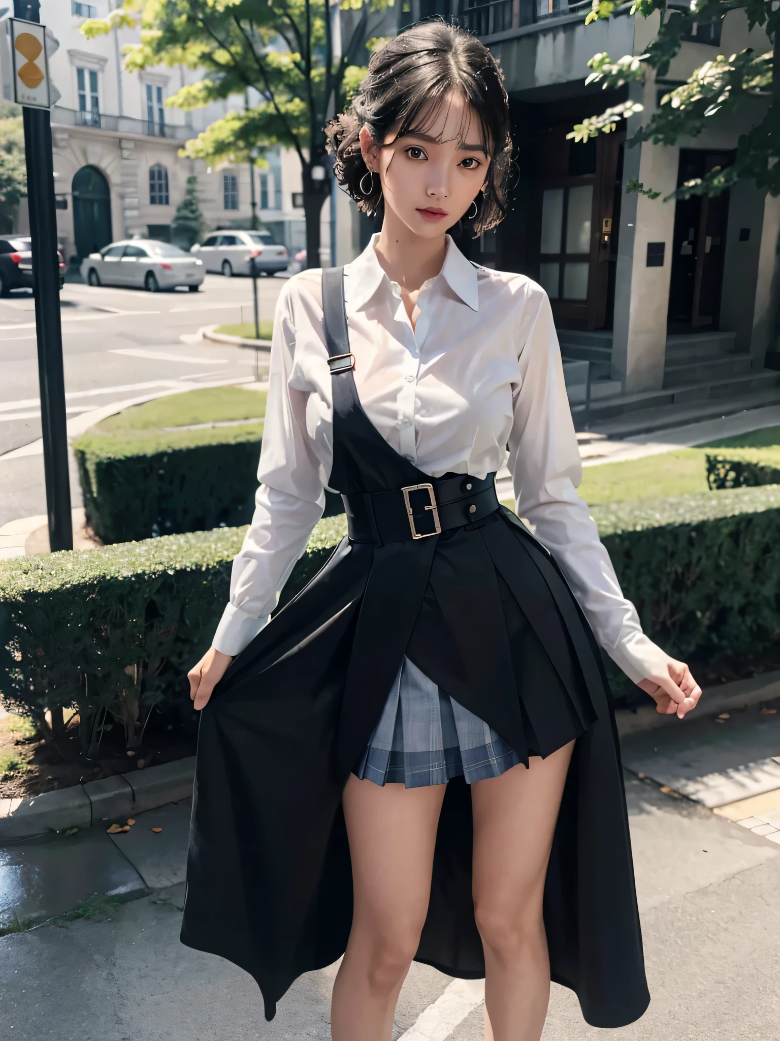disorganized, Raw photo, very delicate and beautiful, masterpiece, highest quality, ultra high resolution, 32k, surreal, Super detailed, perfect anatomy, perfect figure, super dense skin, Highly detailed CG 8k wallpaper, 20's, Very slim body, tight waist, very small head, very small face, delicate features, tearful mole, very big earrings, thin legs, (very huge round breasts:1.2), (full body shot:1.1), 1 girl, short hair, (up hair:1.1), (wavy hair:1.2), (wet clothes:1.1), (school uniform:1.2), (collared shirt:1.1),