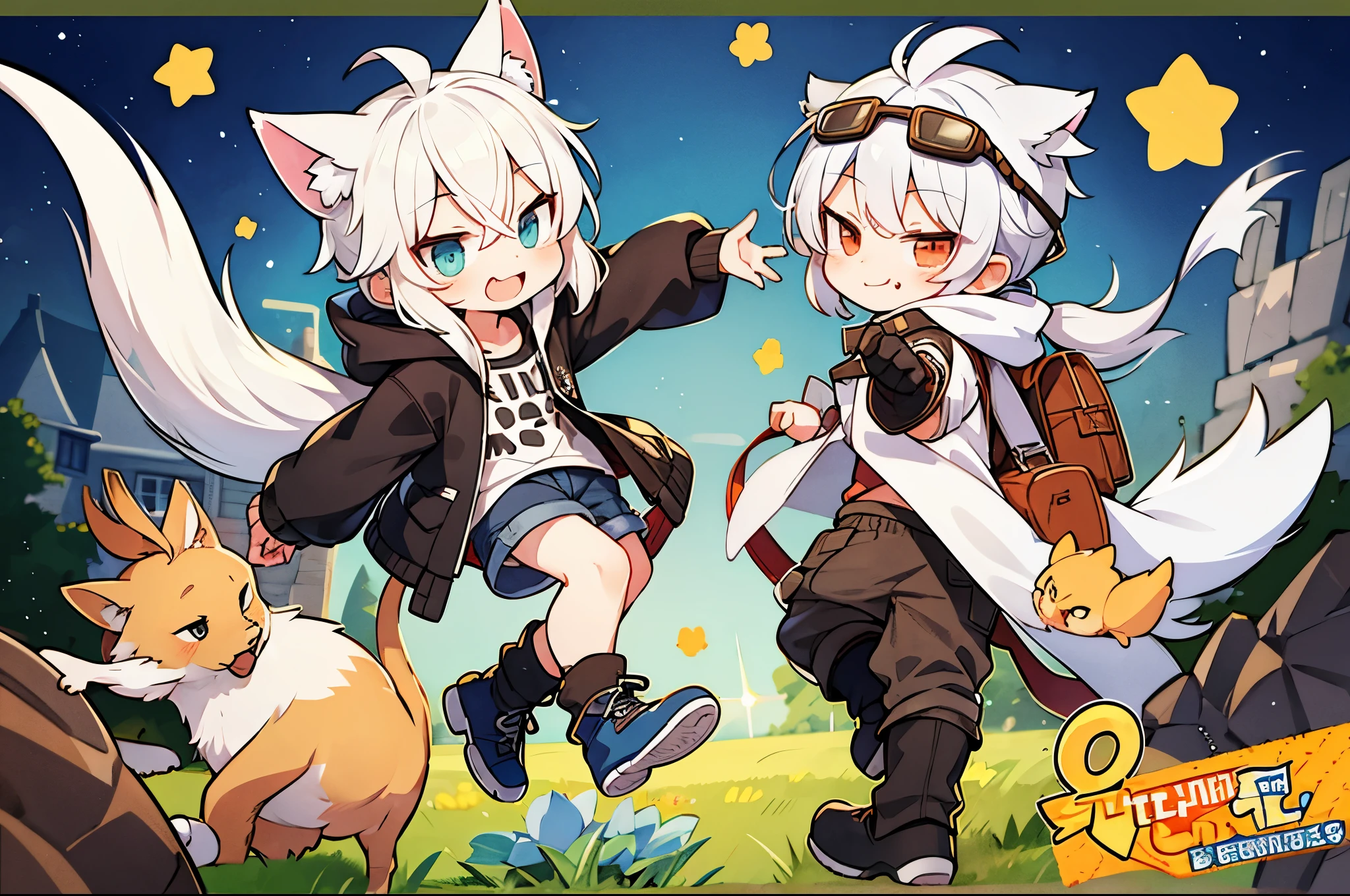 (**********), Hooded T-shirt, shorts, Martin boots, Correct number of feet, Remove the animal, silver hair, ahoge, goggles on head, wolf ears, fang, smug, anime, from side, projected inset, omake, Wide-Angle, letterboxed, high quality, 8k, anatomically correct, UHD, high details，(single role)