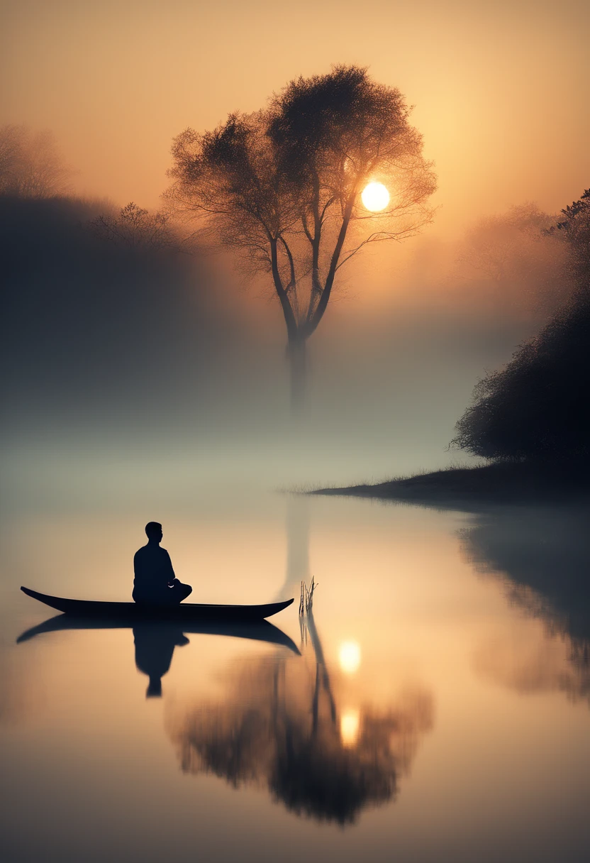 
            The mysterious atmosphere of light and shadow art. The silhouette of a meditating man&#39;s back blends into the vast space. The reflection of the lake behind creates a sense of interconnectedness. Calm and dreamy fog. HD minimalist atmosphere. Ethereal and mysterious Zen style. High details.,super quality,High resolution,Ultra HD Minimalist Cinematic Lighting Effects Highly Detailed Digital Art，fantasy art behavior，surreal