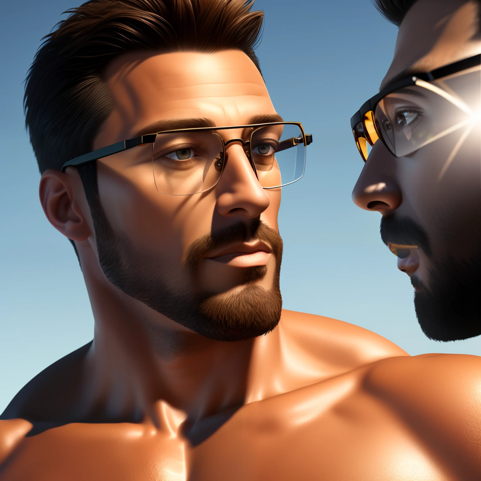 A 3D rendering of a man, (realism: 1.5), ultra-realistic textures, (muscular body: 1.3), sharp details, countless pixels, (detailed facial features: 1.4), lifelike skin, (glasses: 1.2), intricately designed clothing, (suitable attire: 1.1), high definition shadows, (textured hair: 1.2), vibrant colors, (realistic glasses reflection: 1.3), detailed body proportions, (hyper-realistic: 1.1), cinema-quality, photorealistic lighting, (highly detailed: 1.2), textured