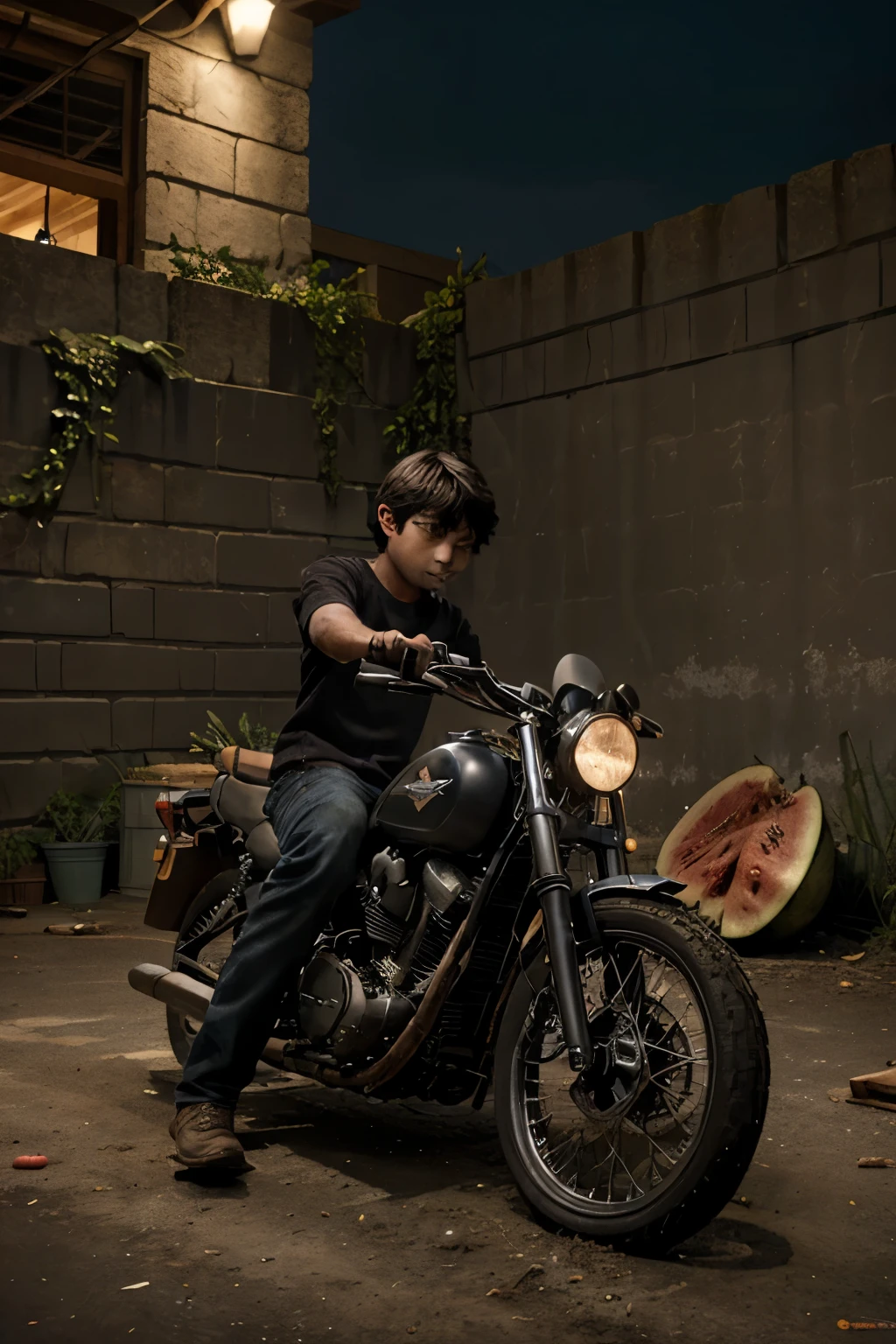 A dark boy building a motorcycle with watermelons