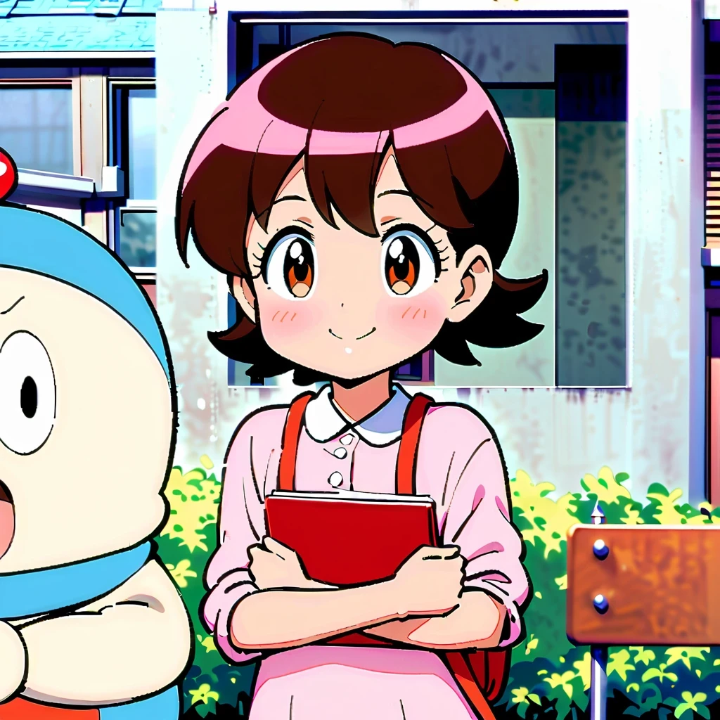 Shizuka Minamoto, Doraemon heroine, and her iconic short black hair, doe's big eyes, and fair complexion; Wearing a pink dress,Carrying a red backpack; Cover your cheeks with your hands and smile softly, With the nostalgic campus as the background; Shot in retro anime style, Reminiscent of a DVD screen capture from a movie, embrace subtlety, pastel color palette, Exudes a charming and lively atmosphere.