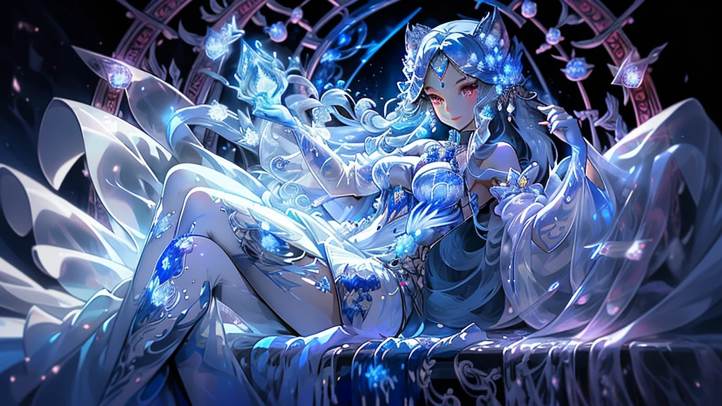 Picture a breathtaking scene of a sapphire crystal jelly anthropomorphic wolf deity, rendered in intricate, ornately drawn anime style by the legendary artist, Todd McFarlane. The deity's flowing, translucent white and blue crystal hair cascades down their back, shimmering in the light like precious gems. Striking sapphire eyes gaze out at the viewer with an air of confidence, while elegantly parted ruby lips curl into a knowing smile.
Dressed in a crystal translucent dress that seems to glow with an inner light, the deity is adorned with crystals and gothic chains that add an otherworldly