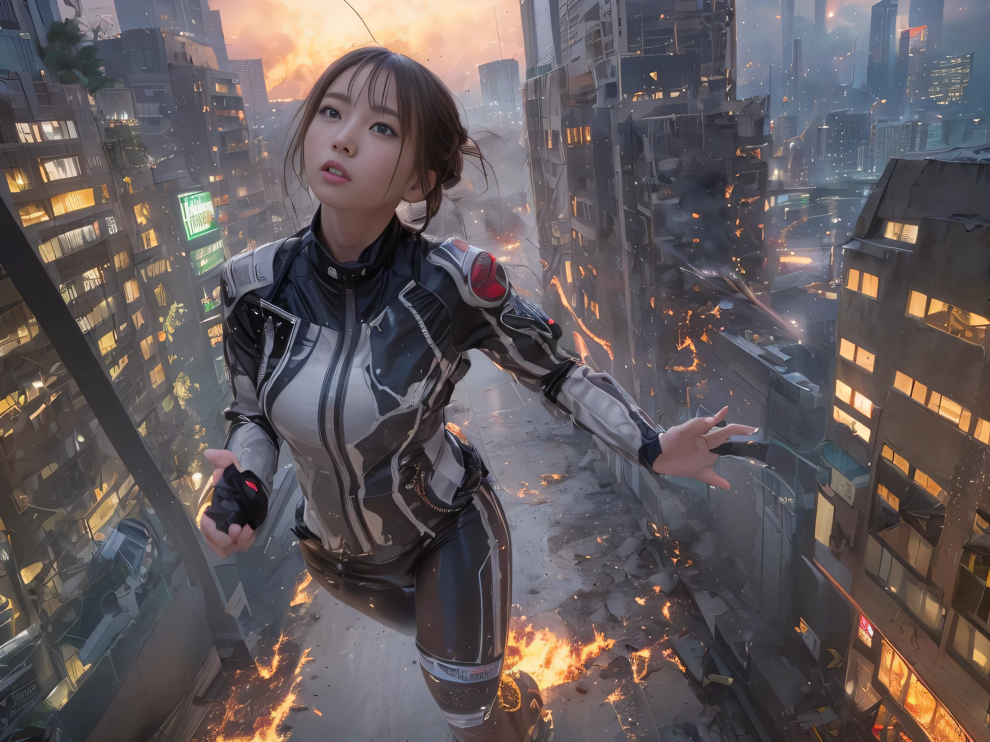 ((RAW image quality:1.4)), best image quality, movie lighting, octane rendering, super sharp, 1 girl, Japanese, troubled face, glowing skin, brown hair, short hair, Futuristic pilot suit, white down jacket, cleavage, intricate details, run away, (Running at full speed:1.4), Breaking through the glass, flying glass shards, cyber punk, Night sky with countless stars shining, shining milky way, heavy rain:1.3, Remains, laser beam attack, (big explosion:1.3), pillar of fire:1.2, (a city engulfed in flames:1.4), wet hair:1.2, wet skin:1.2, puddle, fine eyes, Fine skin texture, camel toe, Detailed CG image quality, (Photo taken with an 8mm wide-angle lens), Angle looking up from below:1.2, (full body angle), My whole body is soaked wet, The shutter speed is fast,