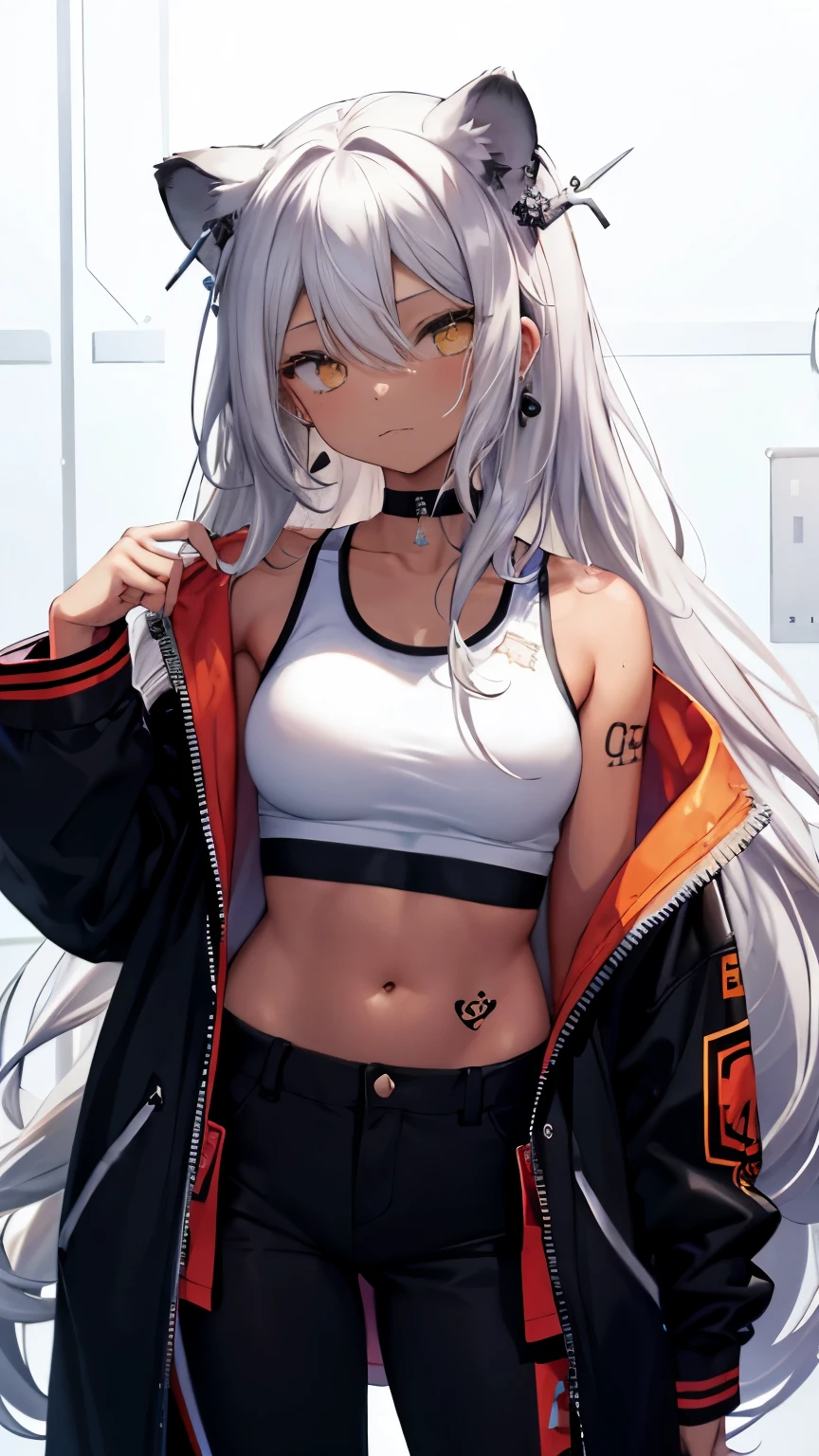 ,girl,best image quality,,silver hair,,Amber eyes,,sleepiness,long hair,sleeping habit,half eyes,,wet state,black skin,brown skin,black Y-shirt,,Lock,restraint,,Lock骨,choker,Lion ears,,small,show your shoulders,belly button,long coat,fur,pants,toned body,earrings,臍earrings,Tattoo stickers,sports bra