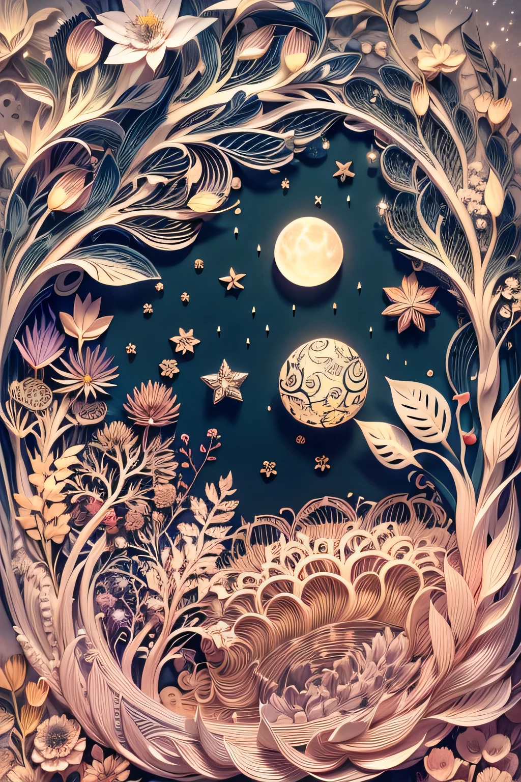 cute bunny,night,moon,starry sky,flowers,Fujiman,(paper cut style),intricate details,fantasy,super high quality,High resolution,Romantic,Ultra-detailed CG art,