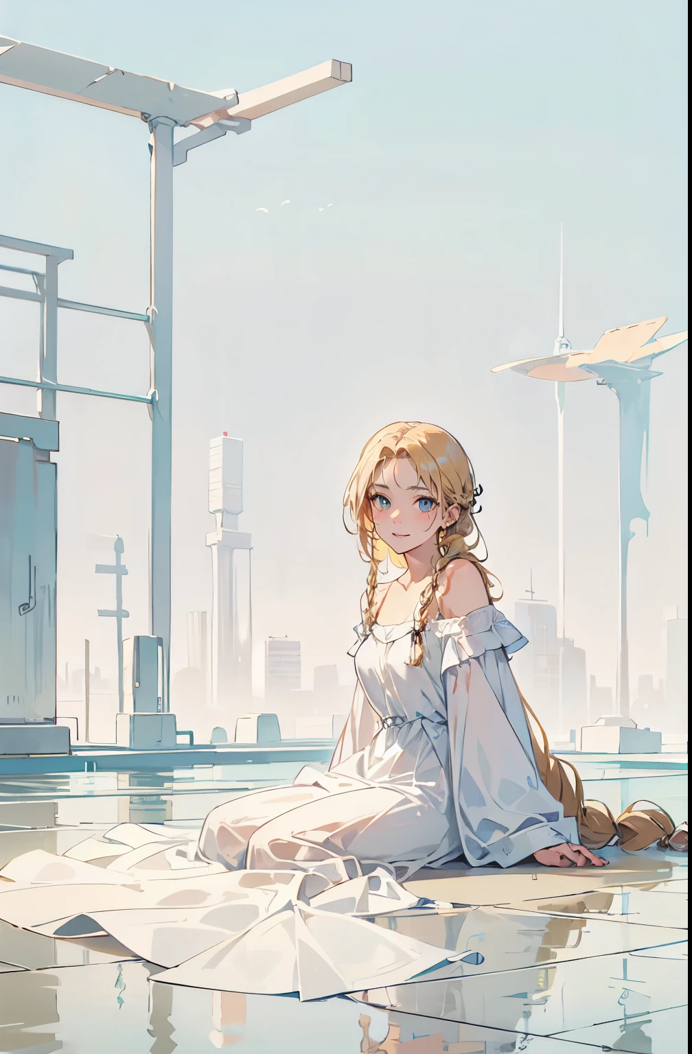 Single Braided Blonde hair, parted bangs, forehead, blue eye, gentle smile
