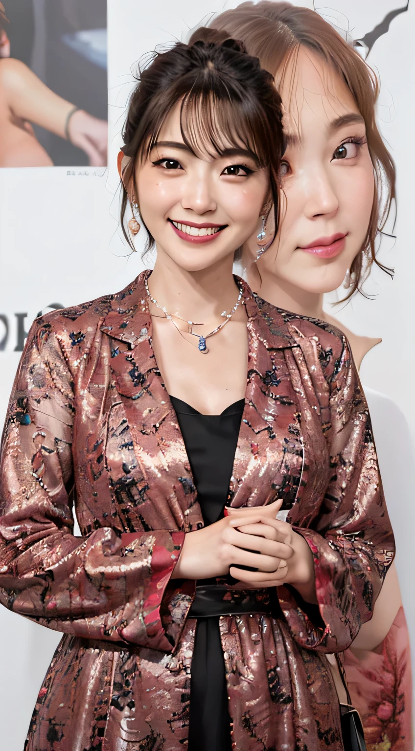 highest quality, full body, masterpiece, dark eyebrows, ultra high resolution, realistic, very detailed, プロの照明のsmile, eagle nose, short hair、black hair、dark eyeliner、ear piercing、necklace around neck、smile、beautiful teeth