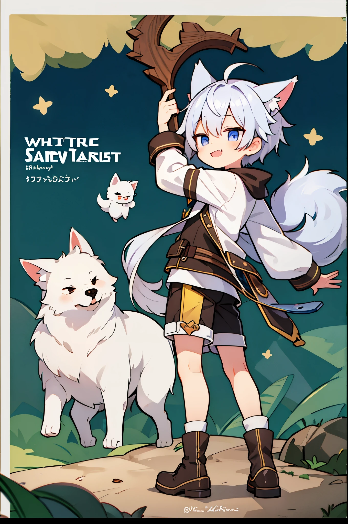 (little boy), Hooded T-shirt, shorts, Martin boots, Correct number of feet, Remove the animal, silver hair, ahoge, goggles on head, wolf ears, fang, smug, anime, from side, projected inset, omake, Wide-Angle, letterboxed, high quality, 8k, anatomically correct, UHD, high details，(single role)