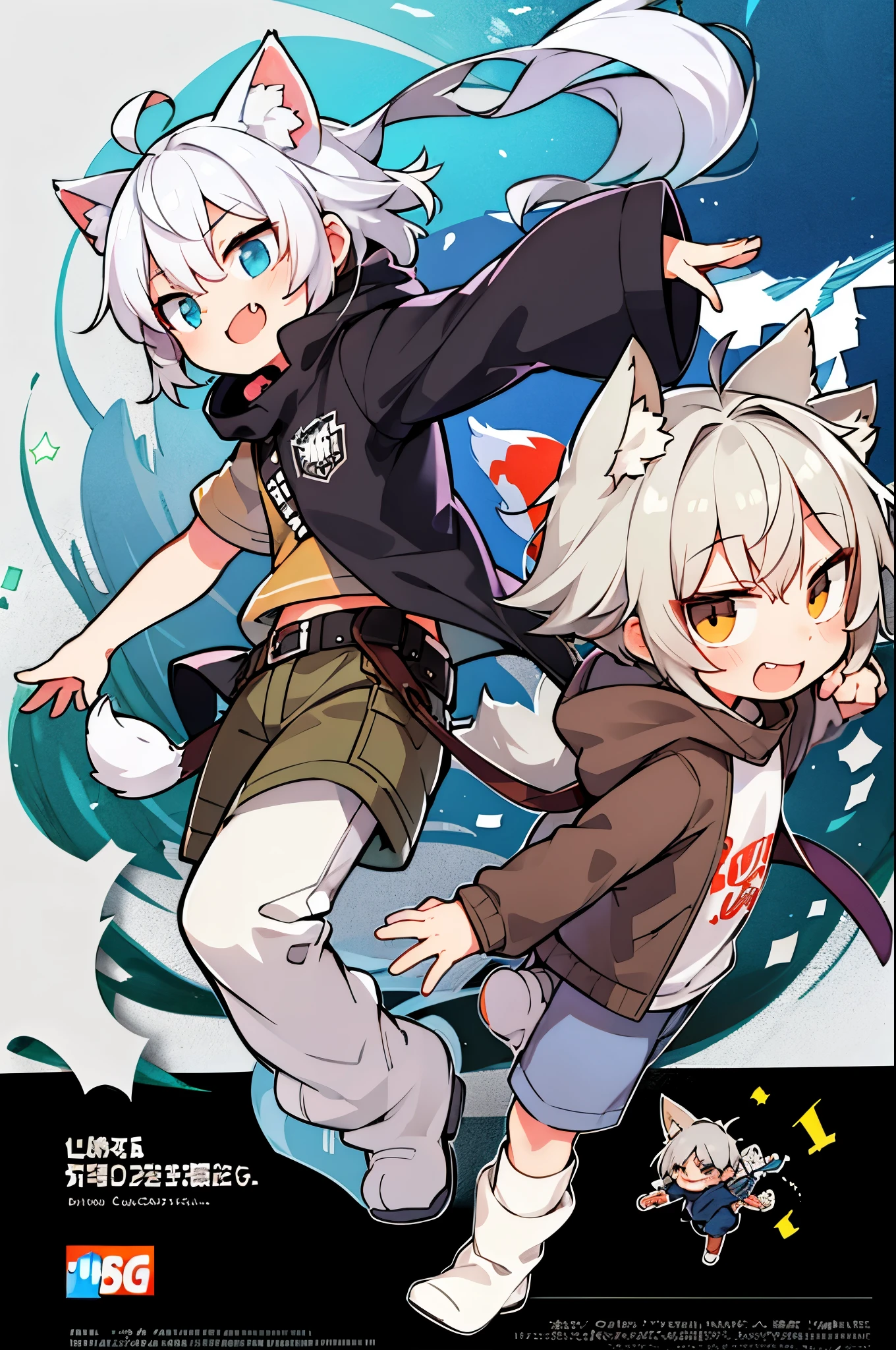 (), Hooded T-shirt, shorts, Martin boots, Correct number of feet, Remove the animal, silver hair, ahoge, goggles on head, wolf ears, fang, smug, anime, from side, projected inset, omake, Wide-Angle, letterboxed, high quality, 8k, anatomically correct, UHD, high details，(single role)