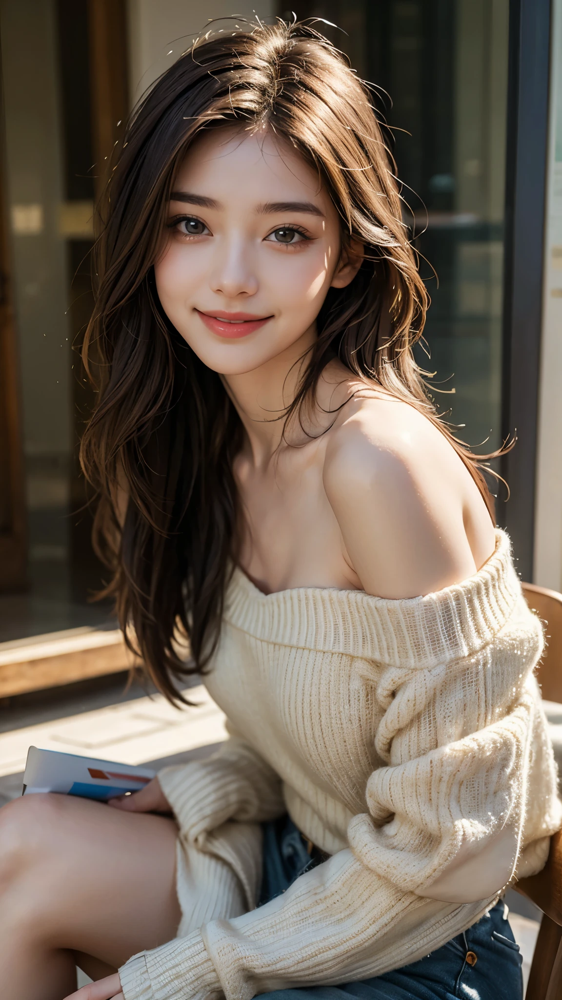 highest quality, masterpiece, ultra high resolution, realistic, 1 girl, off shoulder, smile