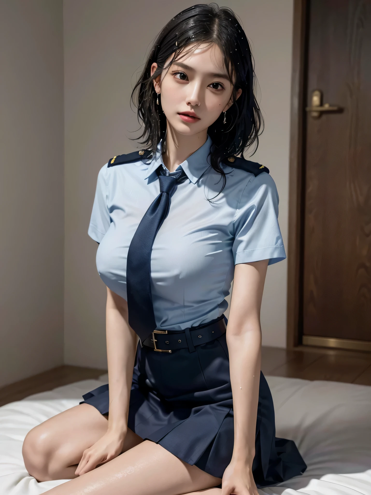 disorganized, Raw photo, very delicate and beautiful, masterpiece, highest quality, ultra high resolution, 32k, surreal, Super detailed, perfect anatomy, perfect figure, super dense skin, Highly detailed CG 8k wallpaper, 20's, Very slim body, tight waist, very small head, very small face, delicate features, tearful mole, earrings, thin legs, (very huge round breasts:1.2), (full body shot:1.1), 1 girl, short hair, (wavy hair:1.2), police girl , wearing a police station dress, Japan Female Police Officer Uniform, light blue short sleeve shirt, navy them, knee length skirt, belt bag,, (wet clothes:1.2),