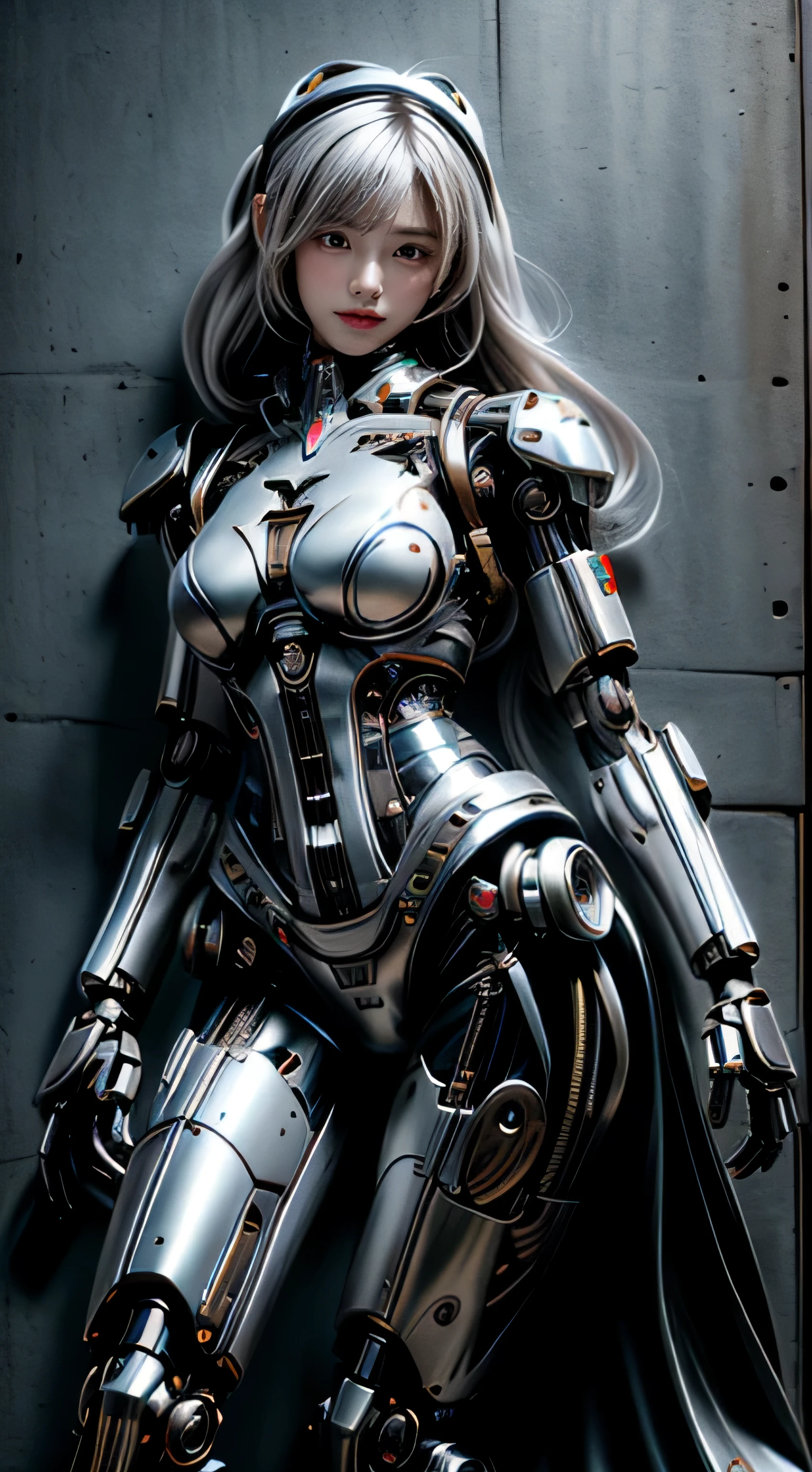 Realistic, High resolution, Soft Light,1 Female, alone, Hip Up, (Detailed face), Silver Hair, Long Hair, mecha musume, Machinery Parts, Robot Joints, Mechanical bodysuit, cyborg, The whole body of the robot