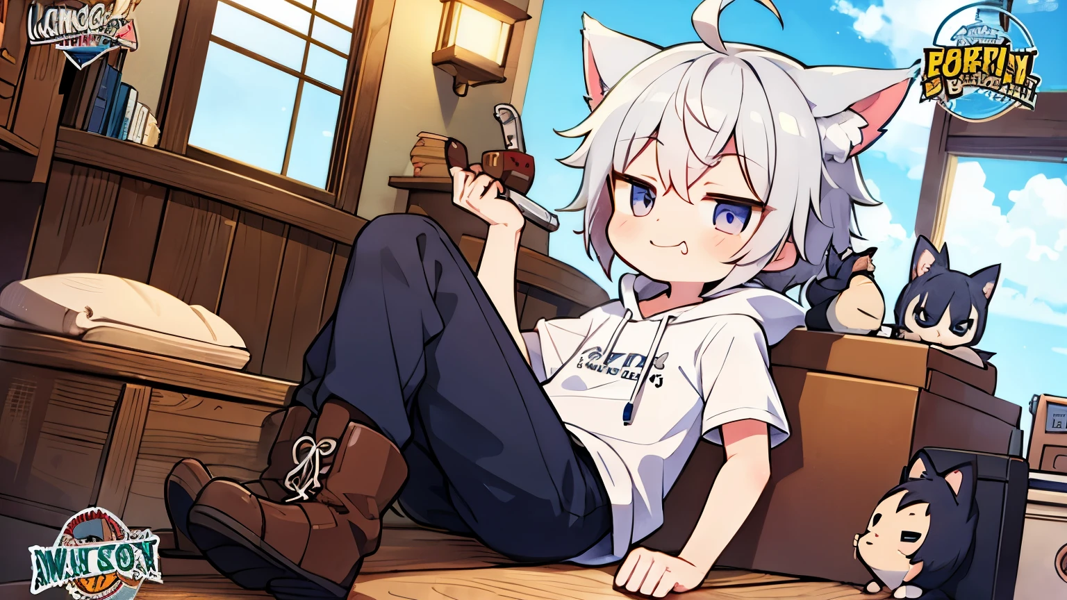 (), Hooded T-shirt, shorts, Martin boots, Correct number of feet, Remove the animal, silver hair, ahoge, goggles on head, wolf ears, fang, smug, anime, from side, projected inset, omake, Wide-Angle, letterboxed, high quality, 8k, anatomically correct, UHD, high details,(single role)