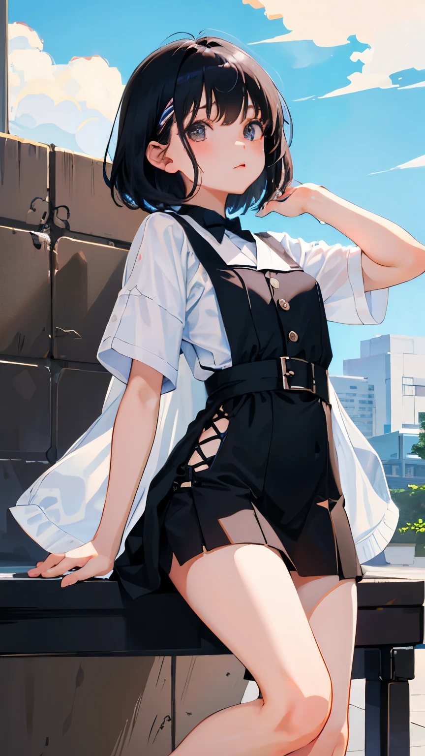 (short cute girl，small young student，young delicate girl）,（masterpiece，Top quality)，squat，，short sleeve，black hair，sleepy