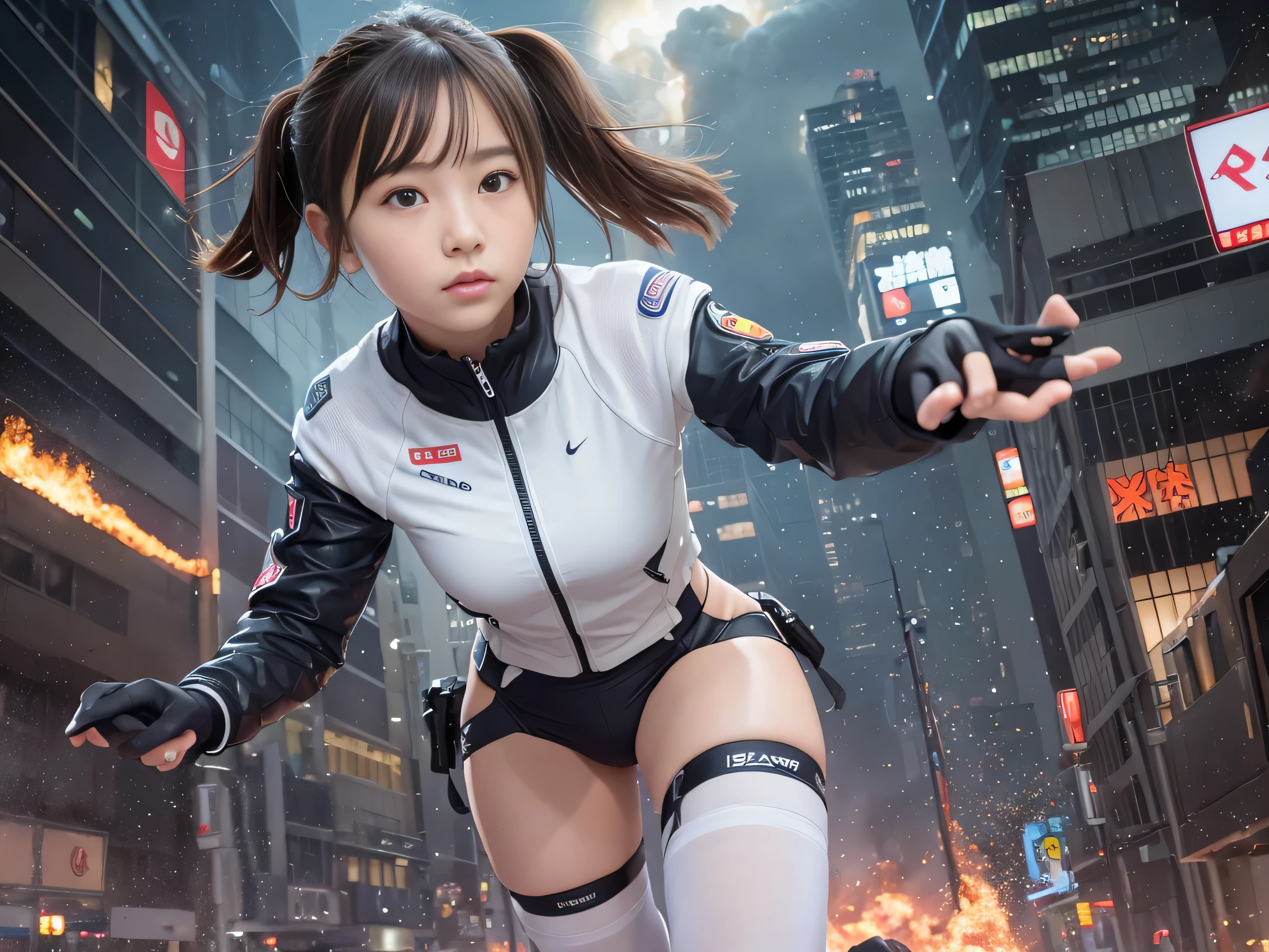 ((RAW image quality:1.4)), best image quality, movie lighting, octane rendering, super sharp, 1 girl, Japanese, troubled face, glowing skin, brown hair, short hair, Futuristic pilot suit, white down jacket, cleavage, intricate details, run away, (Running at full speed:1.4), Breaking through the glass, flying glass shards, cyber punk, Night sky with countless stars shining, shining milky way, heavy rain:1.3, Remains, laser beam attack, (big explosion:1.3), pillar of fire:1.2, (a city engulfed in flames:1.4), wet hair:1.2, wet skin:1.2, puddle, fine eyes, Fine skin texture, camel toe, Detailed CG image quality, (Photo taken with an 8mm wide-angle lens), Angle looking up from below:1.2, (full body angle), My whole body is soaked wet, The shutter speed is fast,