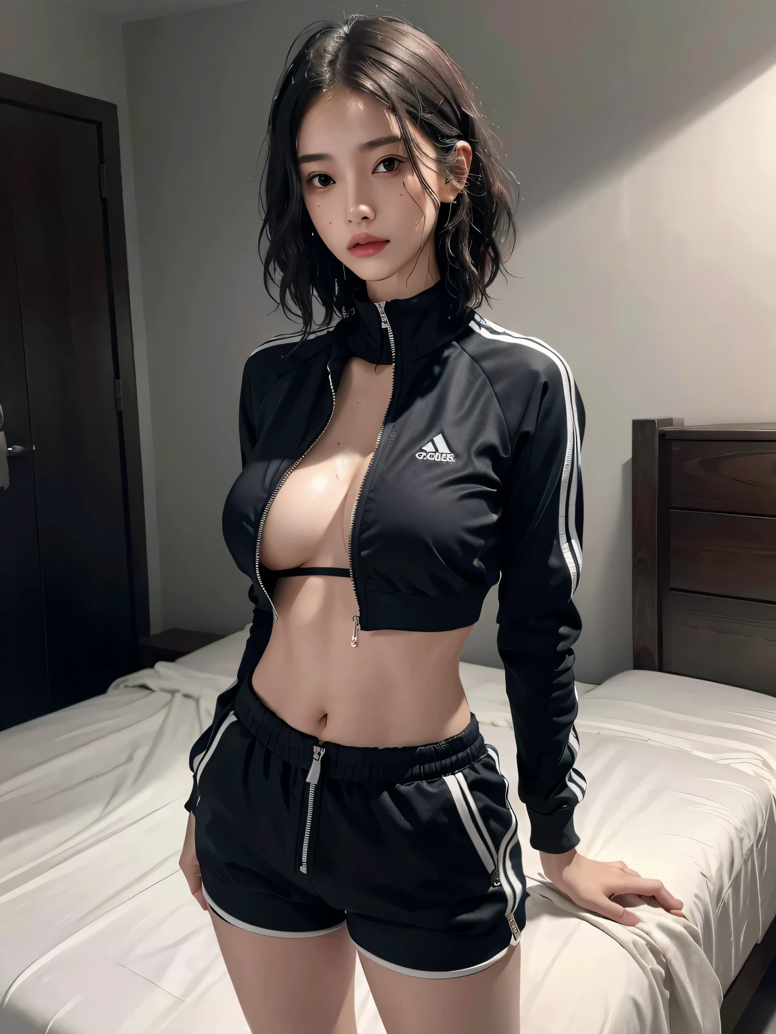 disorganized, Raw photo, very delicate and beautiful, masterpiece, highest quality, ultra high resolution, 32k, surreal, Super detailed, perfect anatomy, perfect figure, super dense skin, Highly detailed CG 8k wallpaper, 20's, Very slim body, tight waist, very small head, very small face, delicate features, tearful mole, earrings, thin legs, (very huge round breasts:1.2), (full body shot:1.1), 1 girl, short hair, (wavy hair:1.2), (tracksuit:1.2), abdomen, shorts, (wet clothes:1.2),